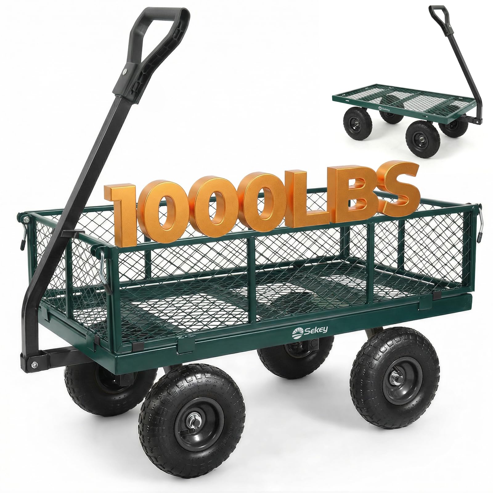 Sekey Steel Garden Cart, 1000 lb Capacity, Removable Sides, 10 in Tires