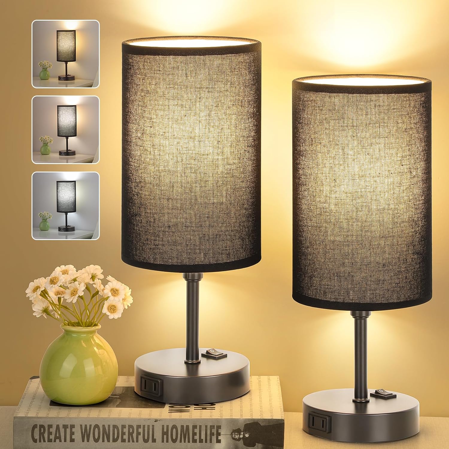 GGOYING Set of 2 Bedroom Table Lamp, Bedside Lamps with 3Color Modes