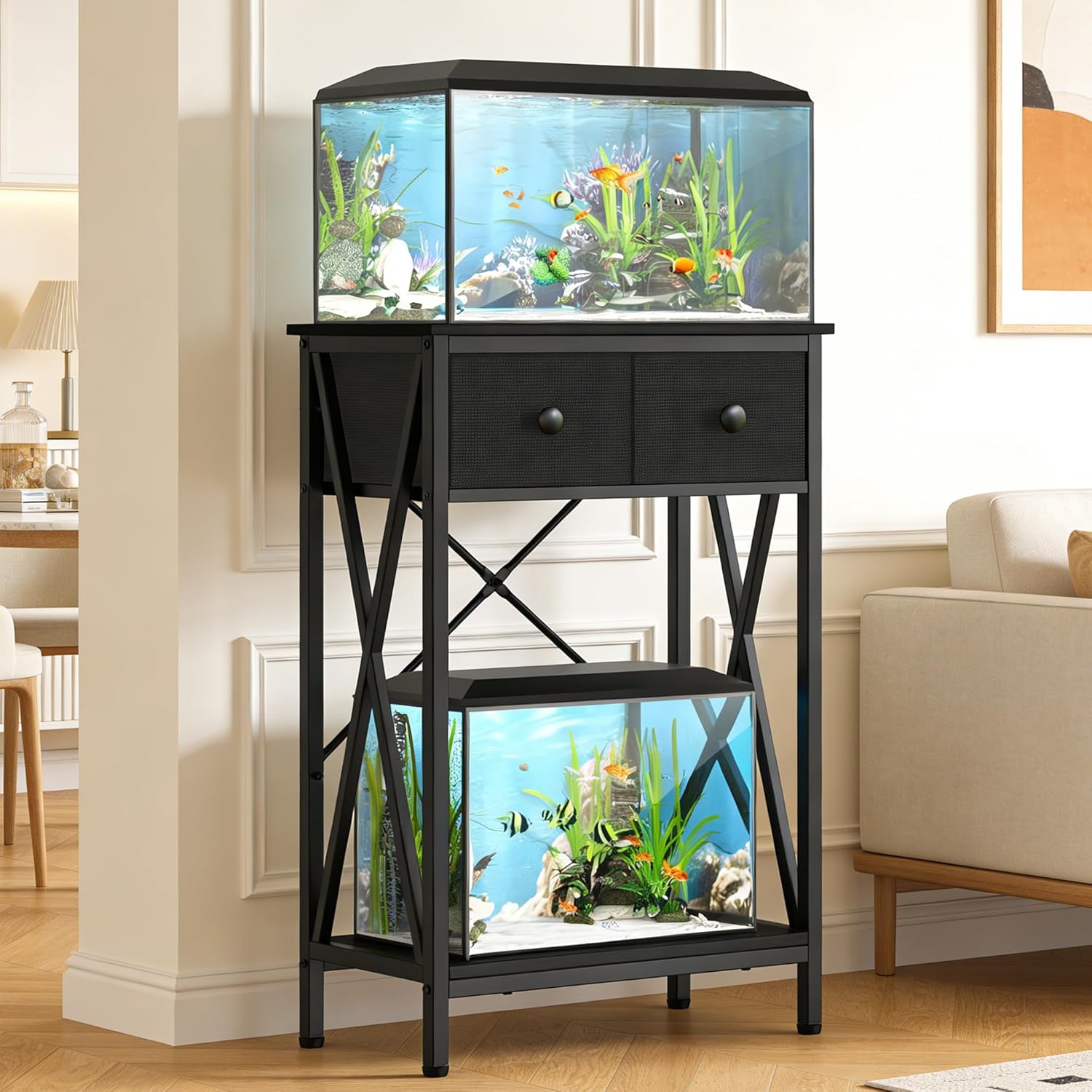 Fish Tank Stand for 5-10 Gallon Fish Tank: Aquarium Stand with Accessories - Metal 10 Gallon Tank Stand with Cabinet Drawer Storage for Turtle Tank, Reptile Terrarium (Black, 220LBS Capacity)