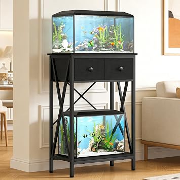 Fish Tank Stand for 5-10 Gallon Fish Tank: Aquarium Stand with Power Outlet - Metal 10 Gallon Tank Stand with Cabinet Drawer Storage for Turtle Tank, Reptile Terrarium (Black, 220LBS Capacity)