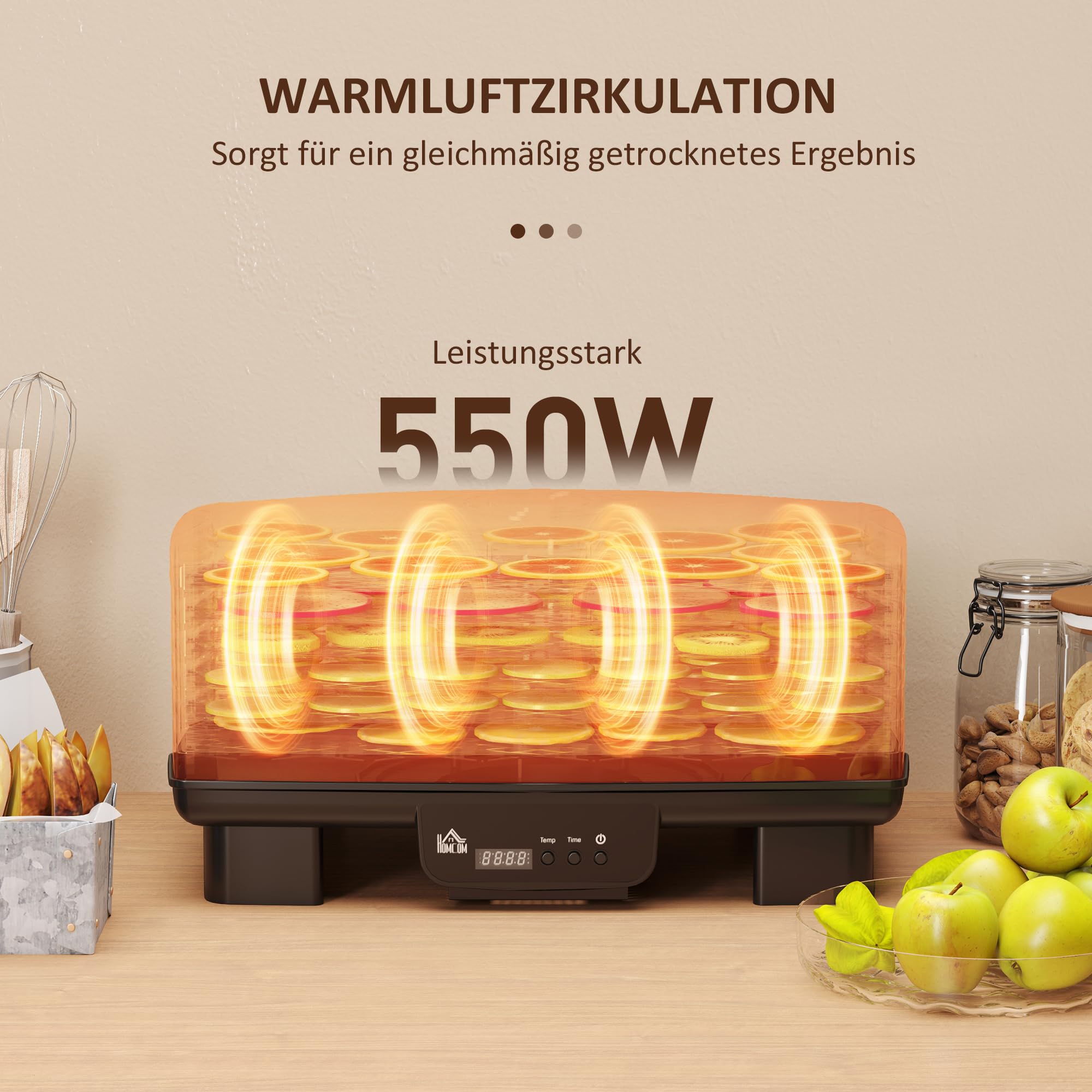 HOMCOM Déshydrateur automatique avec 6 clayettes réglables en hauteur, 550 W, 40-70°C, minuterie 48 h, déshydrateur pour viande, fruits, légumes, fleurs, noir