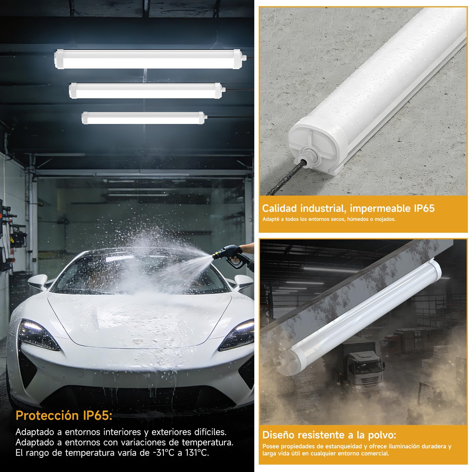 Lámpara de Techo LED 60CM, Fluorescente LED 18W, 2250lm, IP65 Impermeable, 6000K, Conectable, para Garaje, Taller, Cuarto de Baño, Oficina