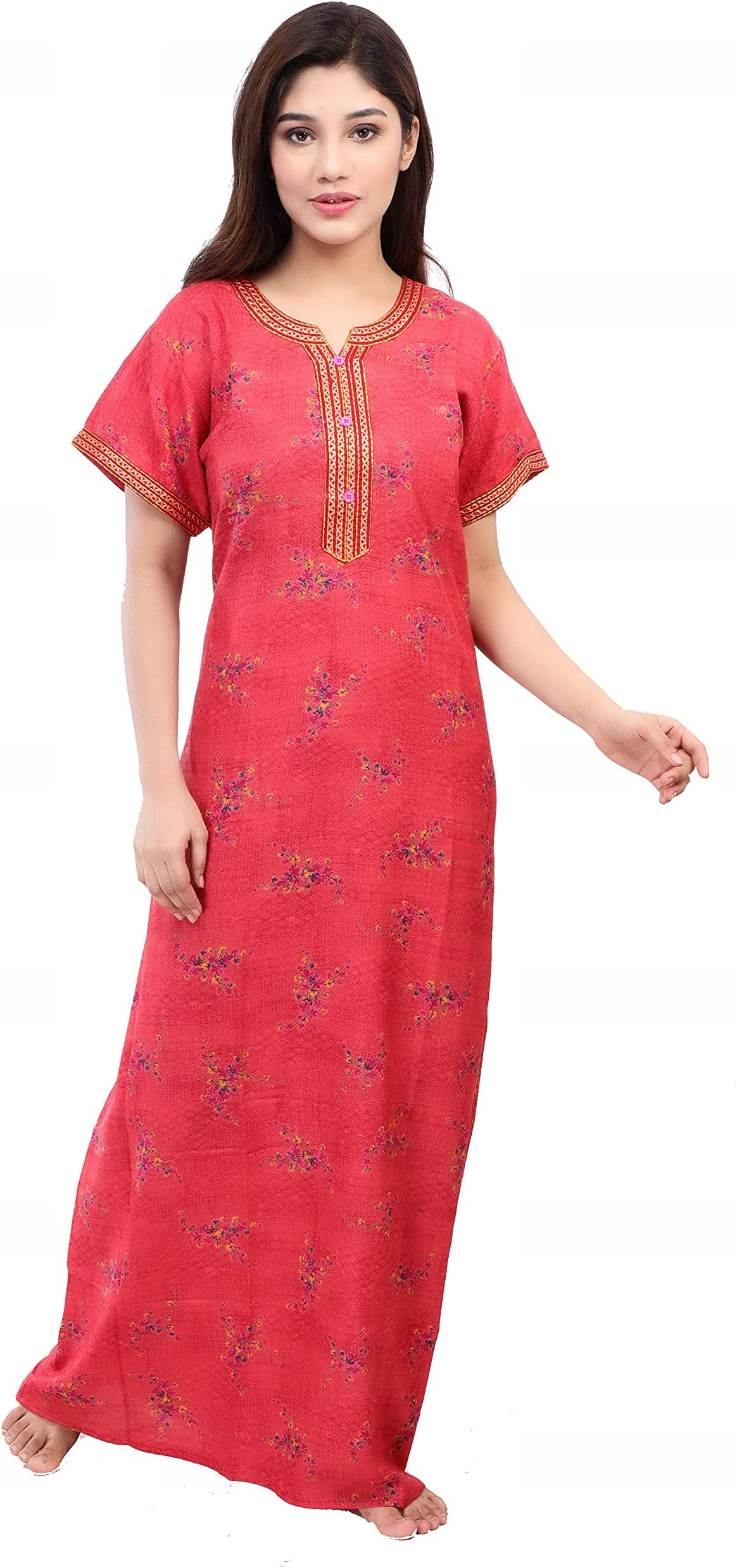 NIGHTFABWomen's Embroidered Alpine Maxi Nightgown, Floral Print Sleepwear (NF1208, Red, L)