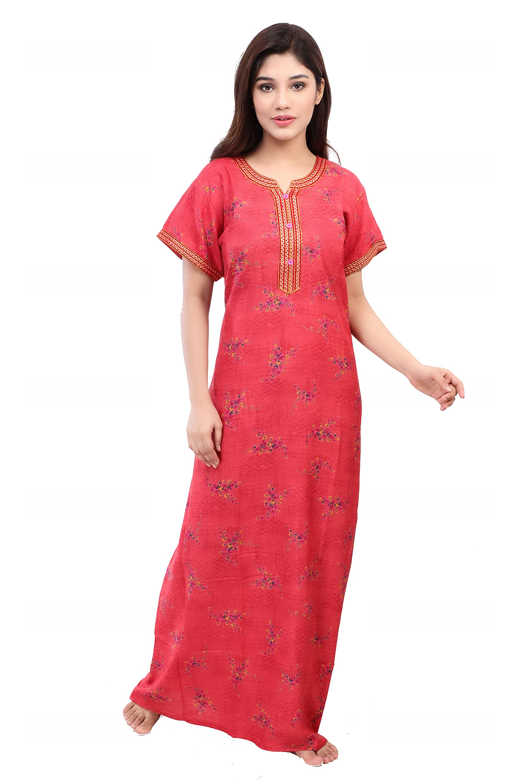 NIGHTFABWomen's Embroidered Alpine Maxi Nightgown, Floral Print Sleepwear (NF1208, Red, L)