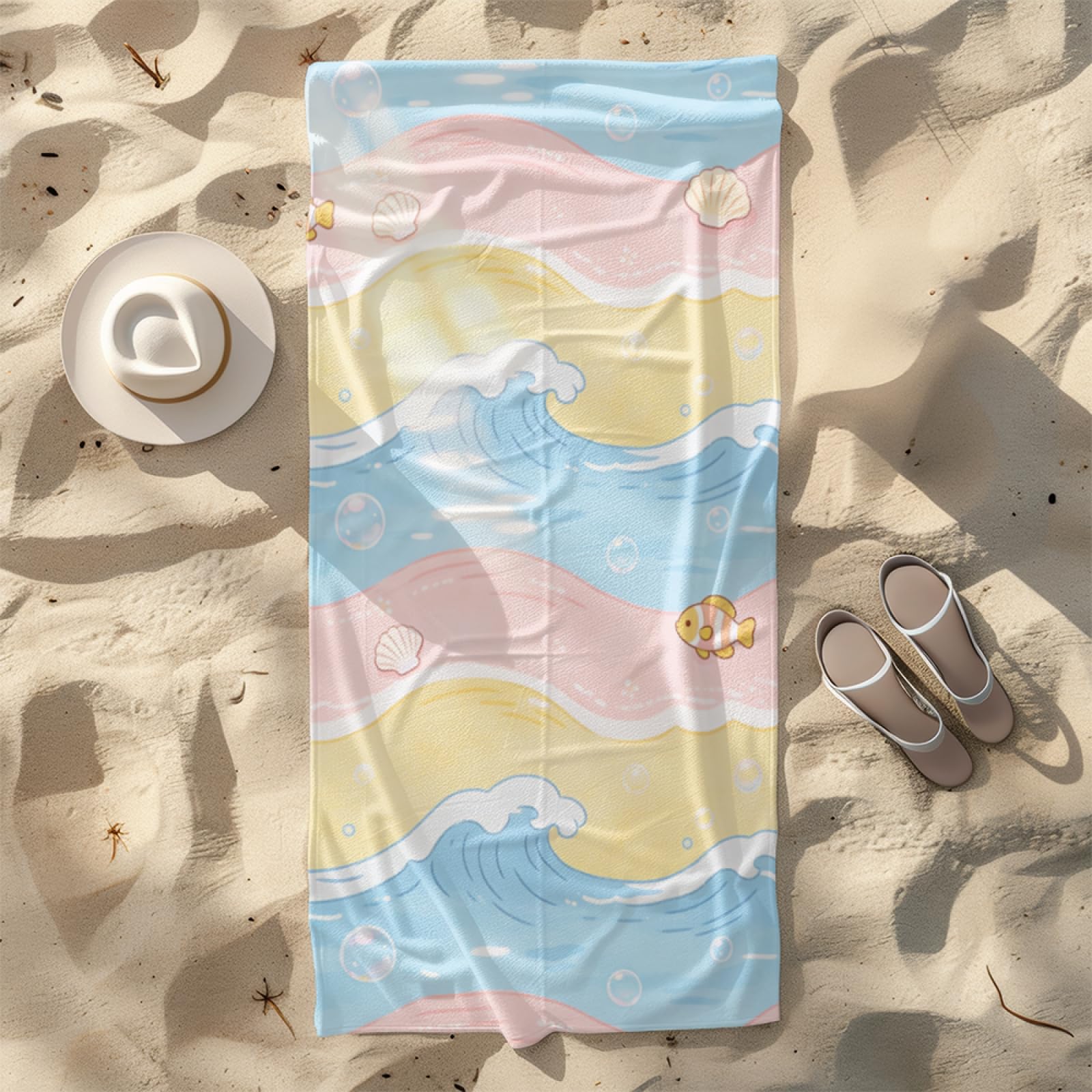 Fouta PlageVagues Jaunes Bleues Roses Modèle Surdimensionné avec Diverses Tailles, Respirante et Portable, Parfaite pour Voyages Sorties Piscine et Usage Extérieur Quotidien 90x160 cm