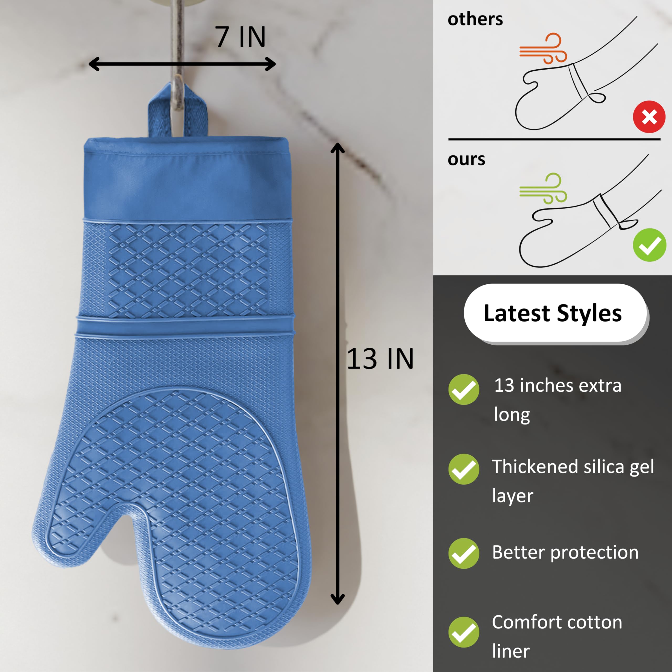 Heat-Resistant Silicone Mitts – 13” x 7” Non-Slip Cotton Baking & Cooking Gloves, Soft & Flexible Grip,Heavy-Duty Kitchen (Blue-Full Silicone, 13'' Oven Mitts + 5.5'' Mini Oven Mitts)