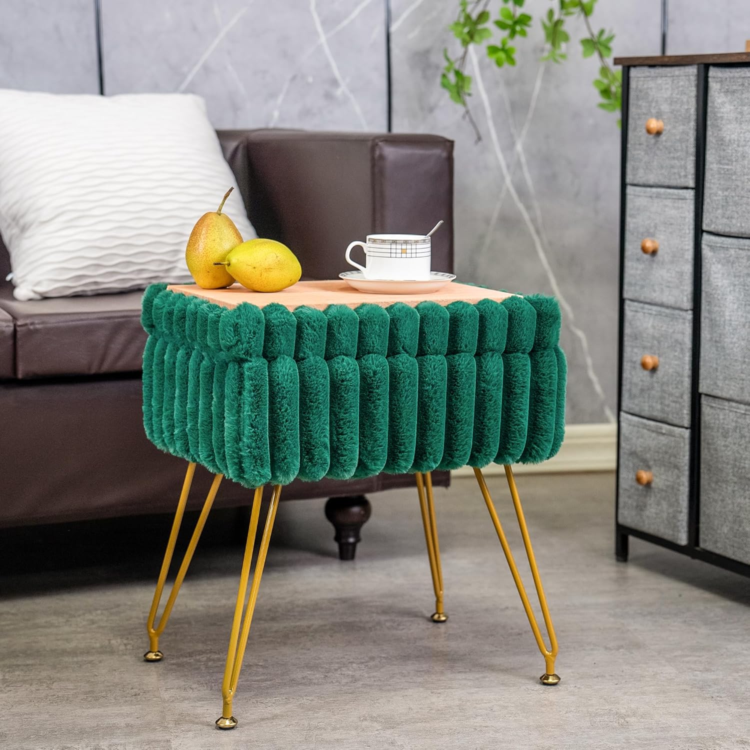 Faux Fur Green Vanity Stool Chair with Storage Ottoman, Vanity Chair for Makeup Room, Vanity Stools for Bedroom, Footrest with Metal Legs and as a Coffee Table, Green