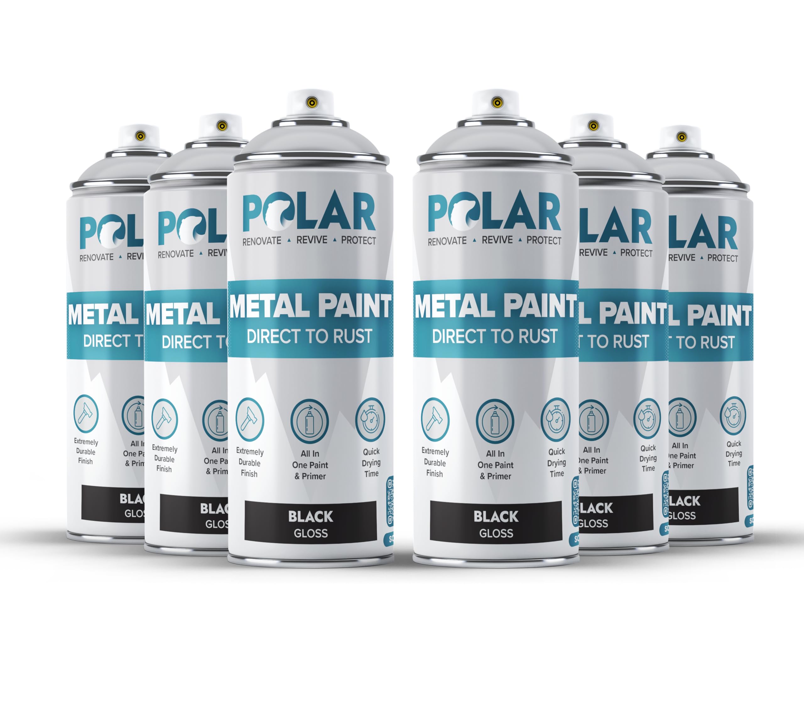 Polar Metal Spray Paint - 6 x 13.5 Fl oz | Gloss Black | Protect and Stop Rust & Corrosion | Primer, Undercoat, Topcoat for Interior & Exterior Use | Black Spray Paint for Metal, Wood & Plastic