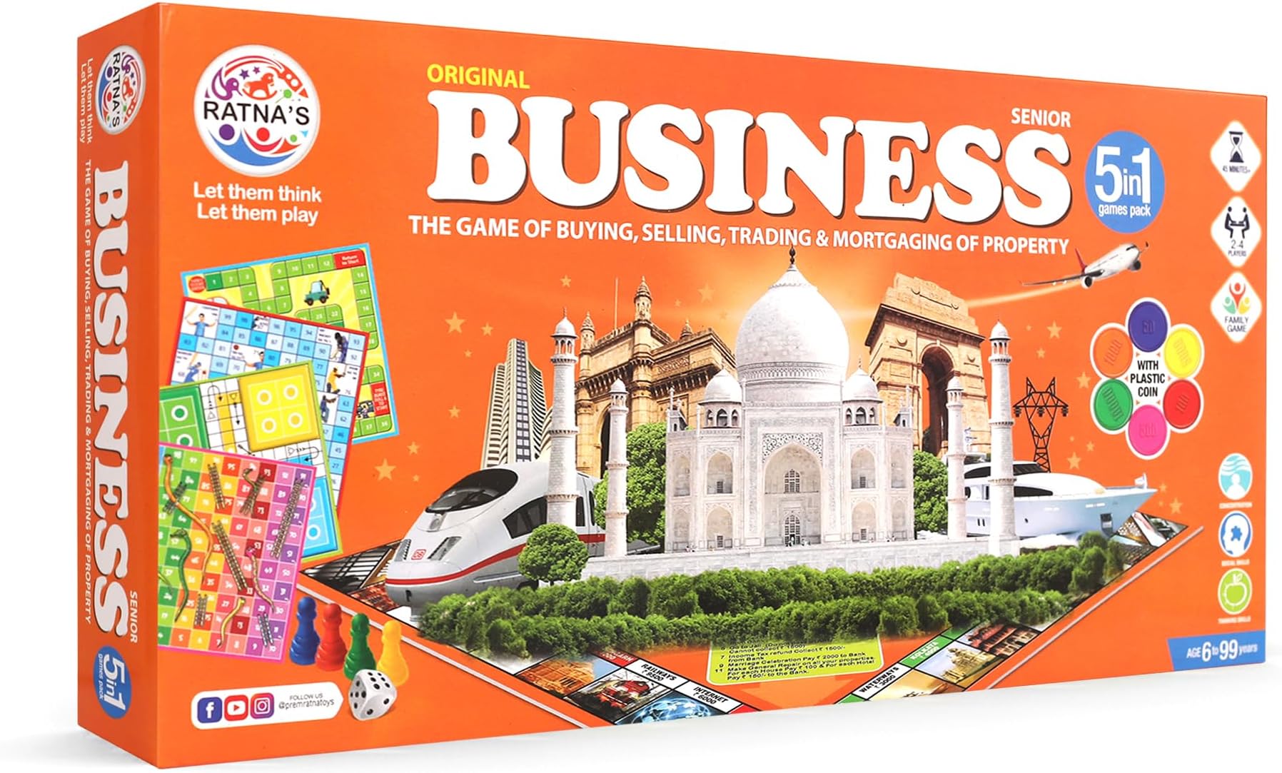 Ratna's 5 in 1 Business Senior Coin Board Game Game, 2 to 4 Players Family Game with Plastic Coins, Includes Ludo, Snakes & Ladders, Car Rally & Cricket Games, Perfect for Kids & Adults Play