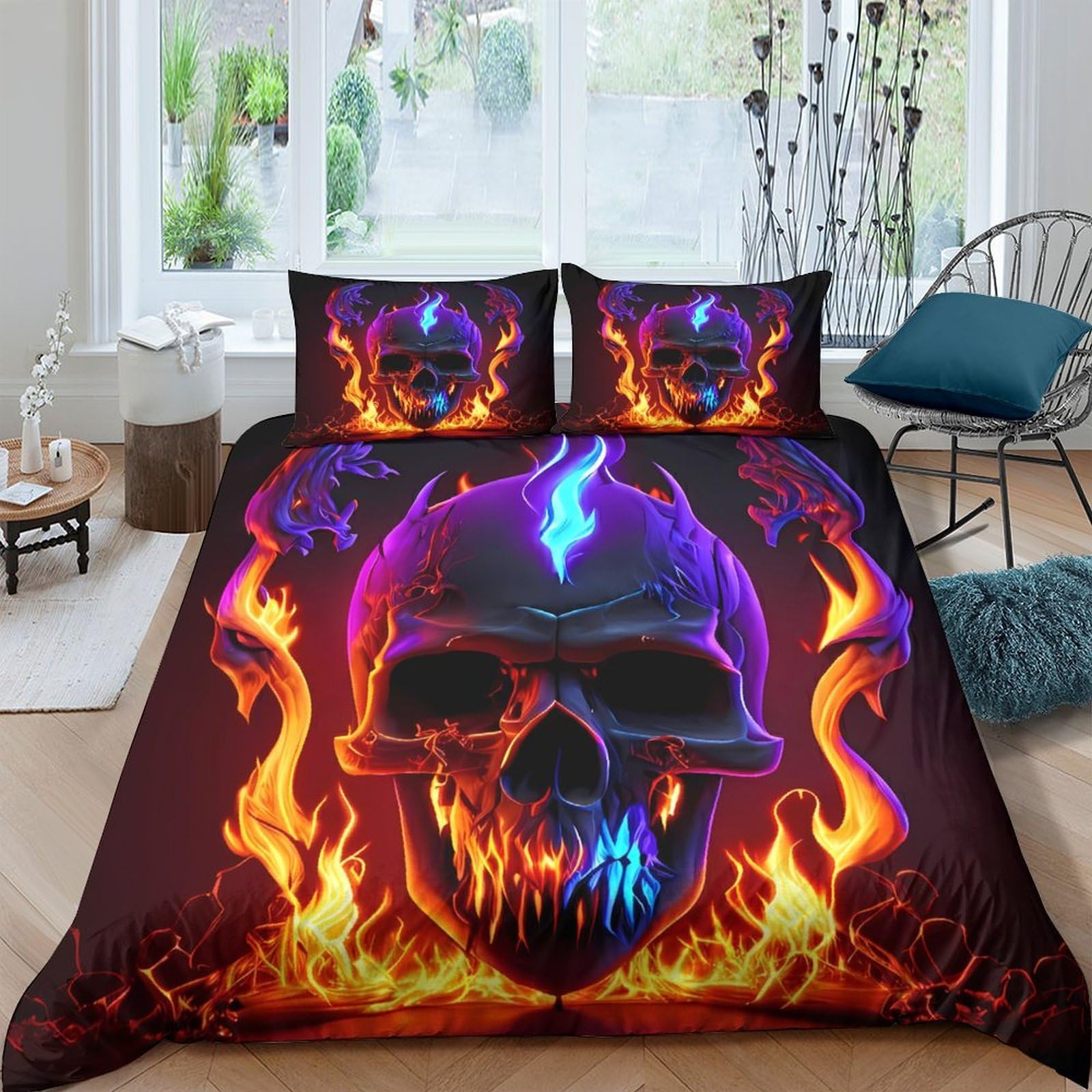 Ctjqhvkz Style-5 3D Printed Flame Skull Fitted Sheet Microfiber Soft Breathable Gothic Fire Mattress Cover For Bedroom Dorm Decor Single（135X200cm）