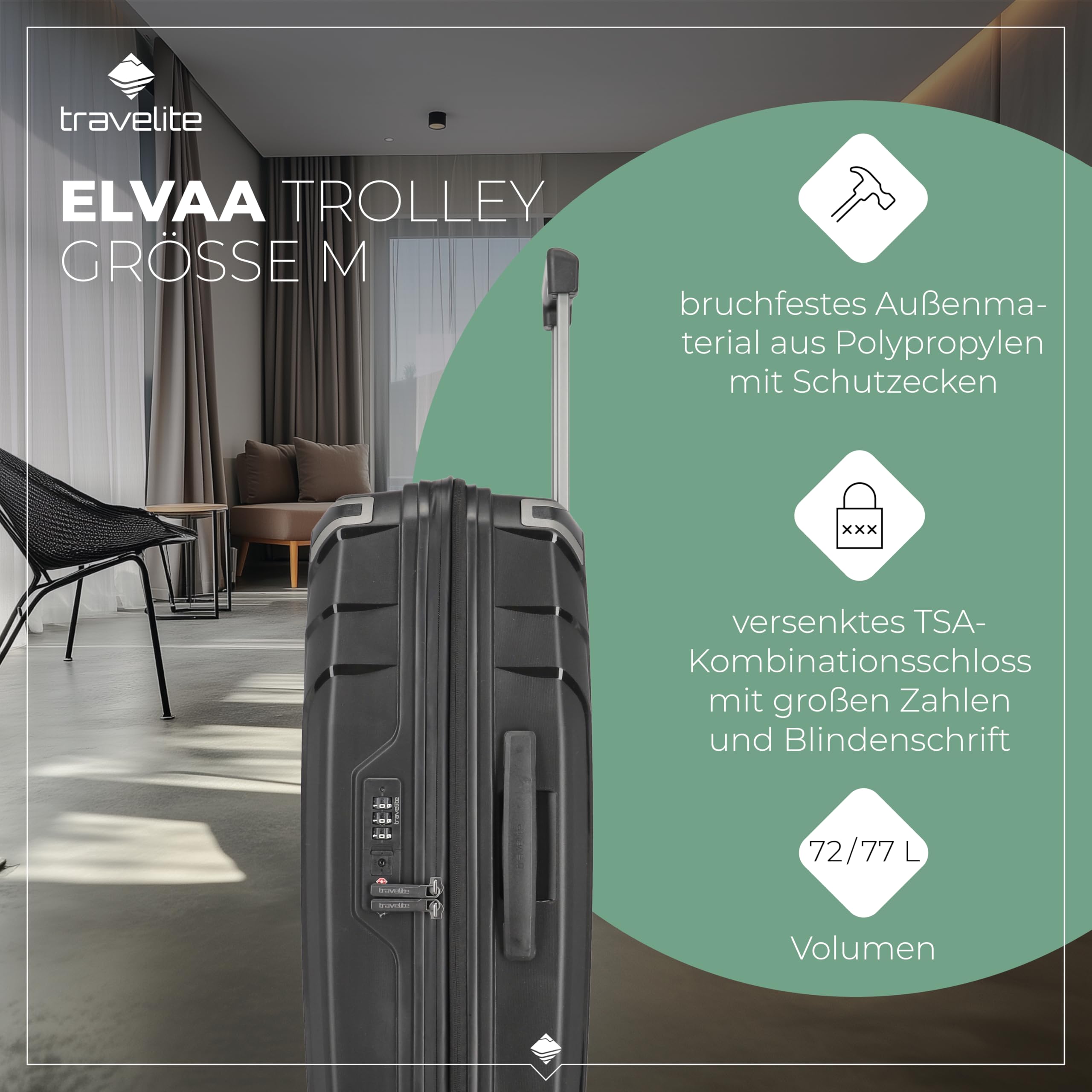 Travelite 4-Rad Hartschalen Koffer mittel mit recyceltem Innenfutter, Gepäck Serie ELVAA: Stylischer Trolley mit Dehnfalte, Schutzecken + TSA Schloss, 66 cm, 72-77 Liter