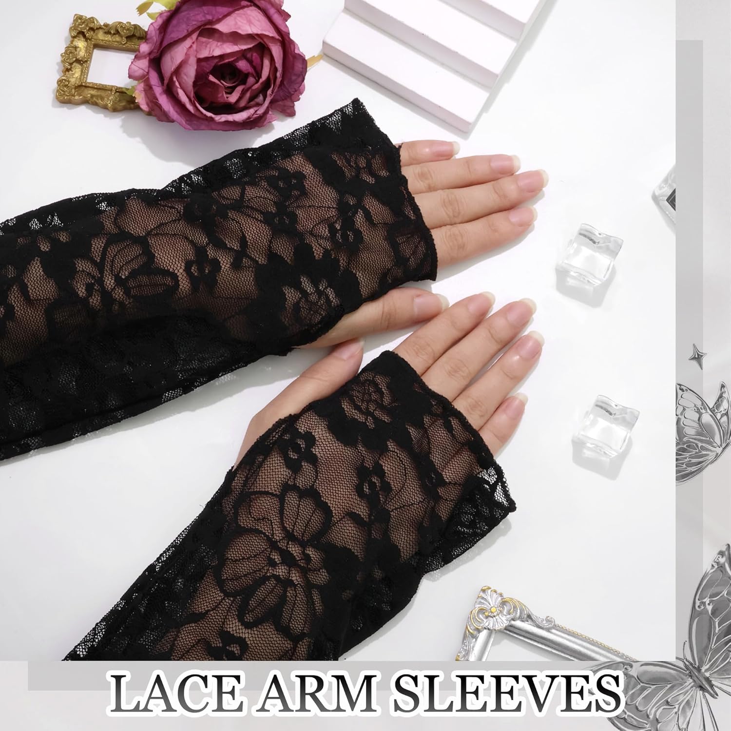 Long Lace Gloves Bridal Arm Sleeves Stretchy Fingerless Floral Gloves For Wedding Dance Tea Party Costume Accessories - Image 2