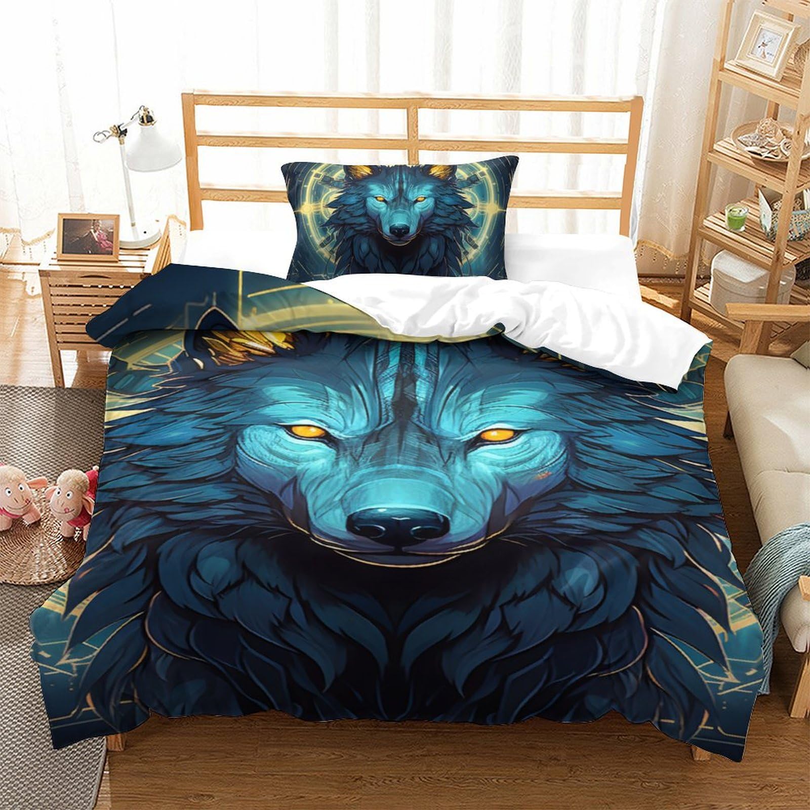 Housse de couette loup 3D 135x200cm literie microfibre enfant
