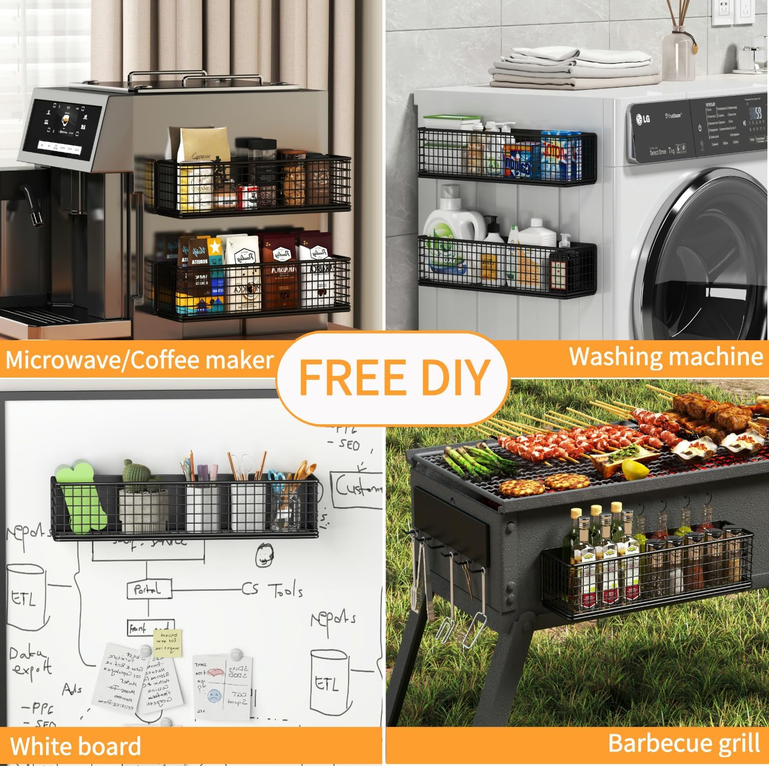 Magnetic Spice Rack for Refrigerator,With Strong Magnet Paper Towel Holder and Hooks,Home and Kitchen Storage Essentials,Suitable for Laundry Room,Coffee Machine,Rv (Black, 6-Pack)