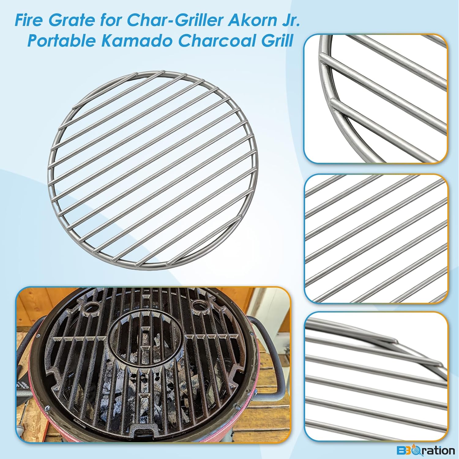 Round Grill Grate & Firegrate for Char Griller Akorn Jr. Portable Kamado Ceramic Grill, Grill Parts for Char-Griller E86714, E6714, Replacement Parts for Chargriller Akorn Jr. Parts 6614