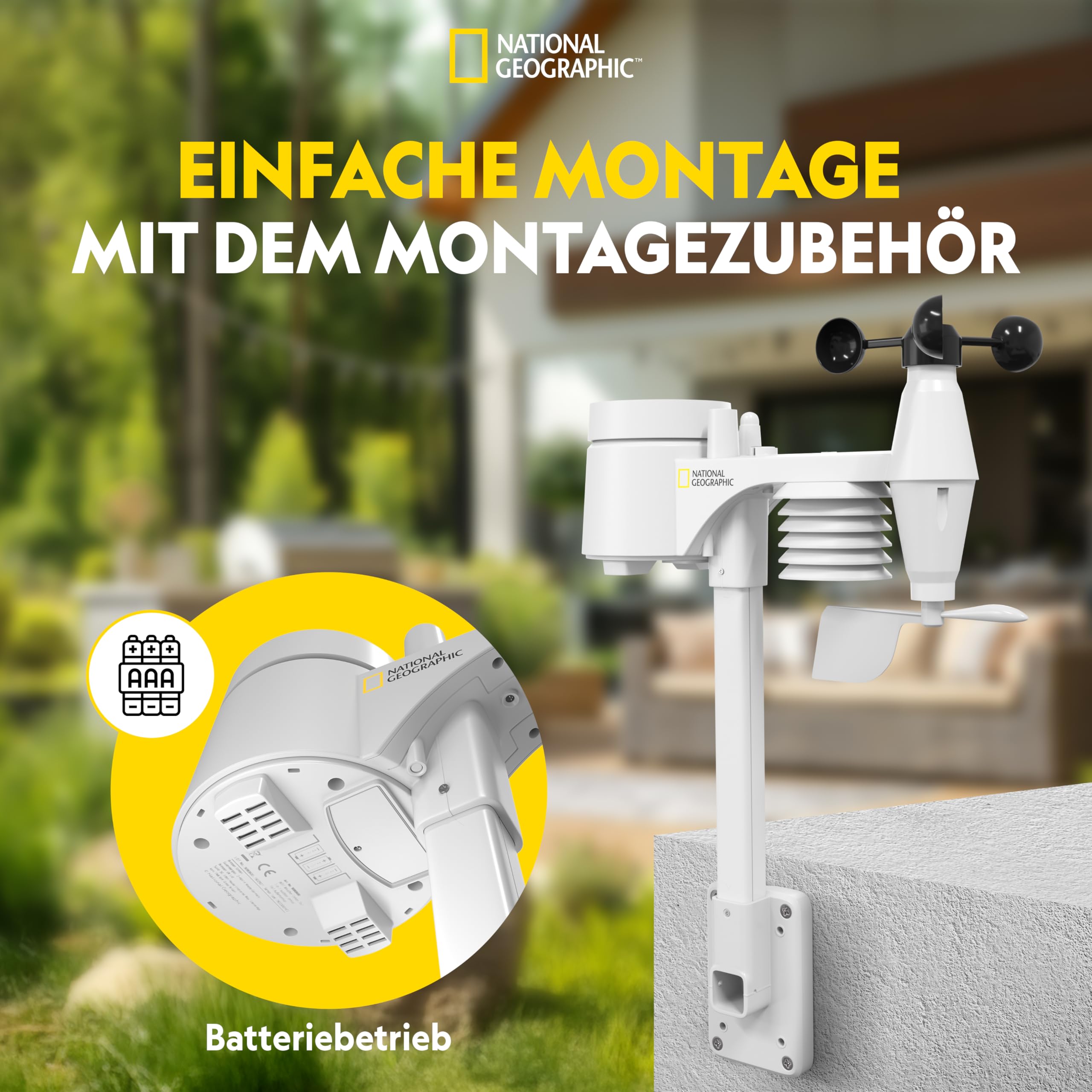 National Geographic Wetterstation Funk mit Aussensensor WLAN Farbwettercenter mit 7-in-1 Profi-Sensor für Wind, Luftfeuchtigkeit, Temperatur, Niederschlag, UV-Level und Lichtintensität, LED, Schwarz | Innentemperatur und Außentemperatur, Luftfeuchtigkeit,