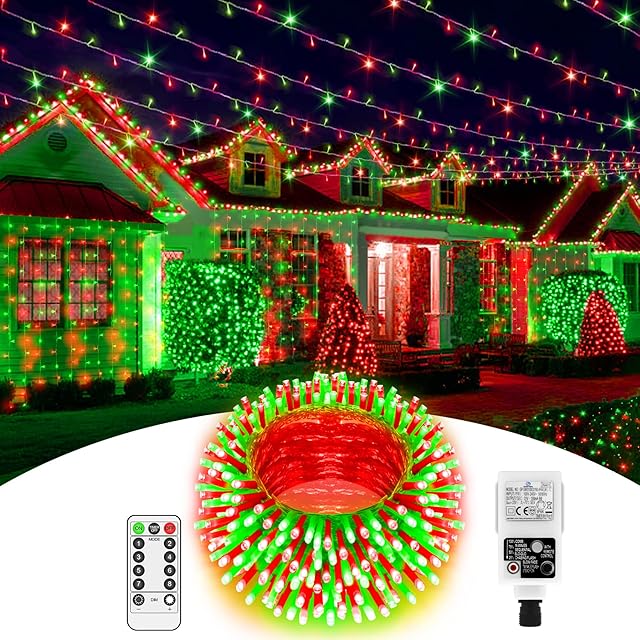 JXLEDAYY Christmas Lights 20M 200 LED Fairy Lights Plug in Outdoor Xmas Lights 8 Modes Memory Timer Decor String Lights for Outside Tree House Garden Yard Indoor Party Wedding Decorations(Green&Red)