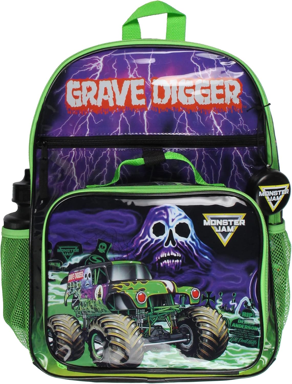 INTIMO Monster Jam Grave Digger Truck 5 PC Backpack Lunch box Icepack Water Bottle Keychain 16"