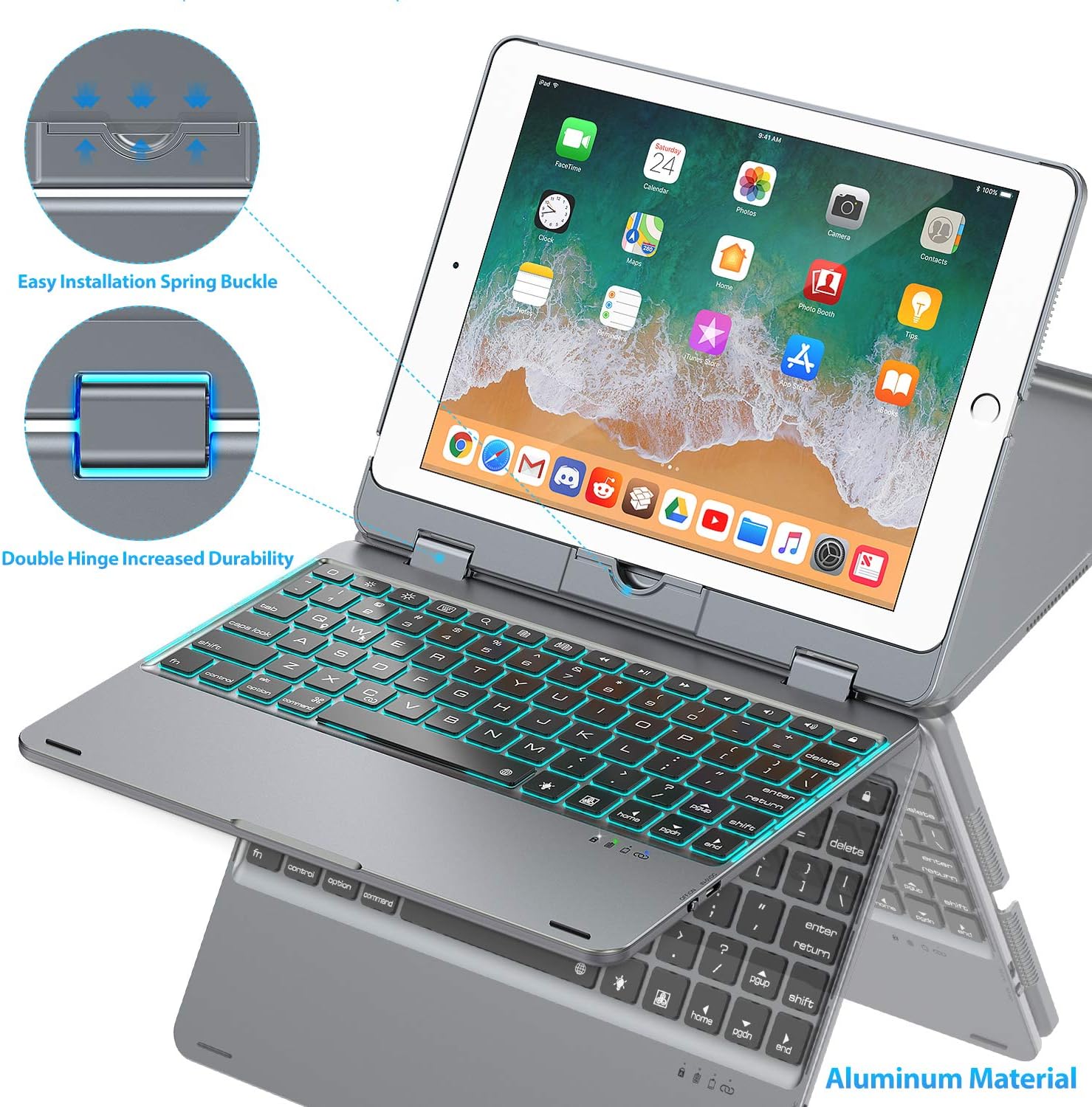 Keyboard Case Compatible with iPad 2018 (6th Gen)/2017 (5th Gen)/Pro 9.7/Air 2 & 1 | Double-Rotating Hinge & Aluminum Keyboard/Case | Colorful Backlit Keys & Long Working Time (Gray)