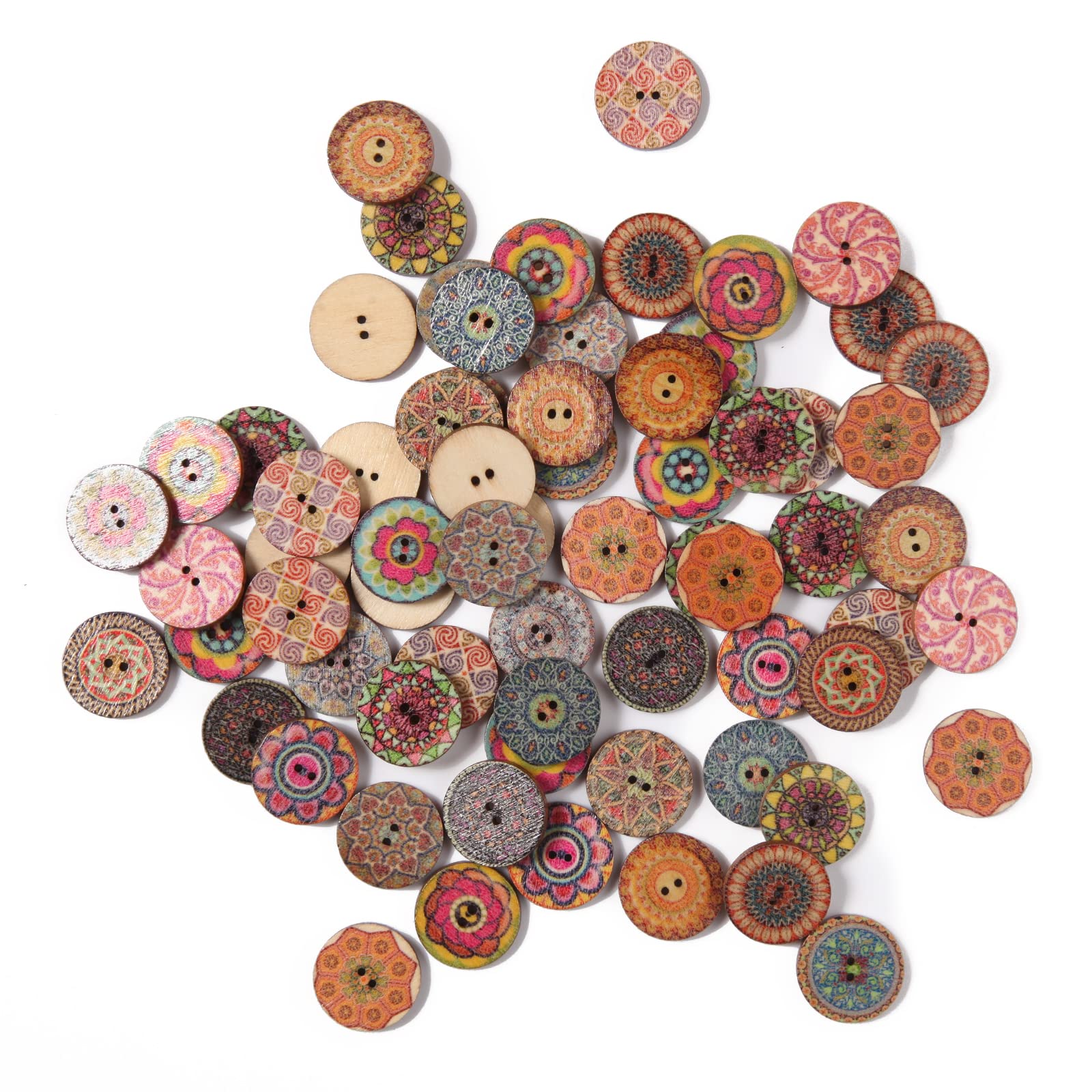 100PCS Mixed Pattern Vintage 3/4inch Wooden Buttons 2 Holes DIY Craft Sewing Random Flower Painting Buttons Hand-Made DIY Sewing Process Decorative Wooden Buttons Clothes Accessories 20mm Wood buttons