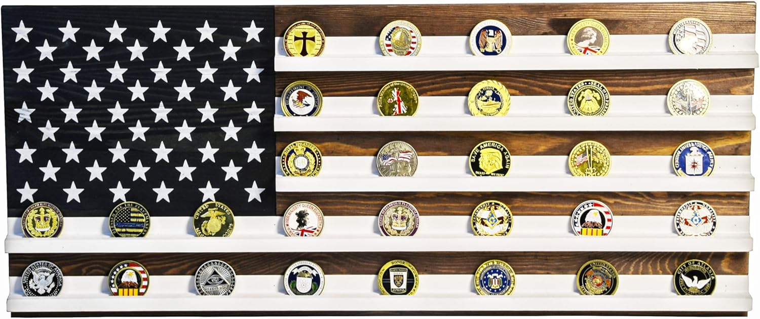 Handmade Large Challenge Coin Display Frame 28” x 12”, Coin Holder Wooden American Flag Wall Mount Décor, Military Rack Casino Poker Chip Storage Medal Organizer Case for Police, Veteran, Patriotic