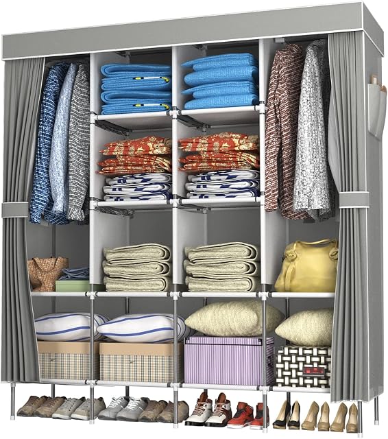 LOEFME Canvas Wardrobe, Portable Wardrobe, Clothes Wardrobes for Bedroom, 165*45*175cm Fabric Wardrobes for Bedroom, 16mm Pipe Diameter Closet, Wardrobes for Bedroom Cheap with 4 Hanging Rail, Grey