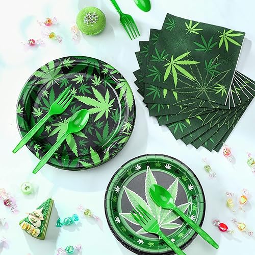 Miniatura 5 de 100 piezas de suministros de fiesta con temática de maleza, decoración de fiesta de maleza, platos de fiesta, servilletas, vajilla, hojas de maceta