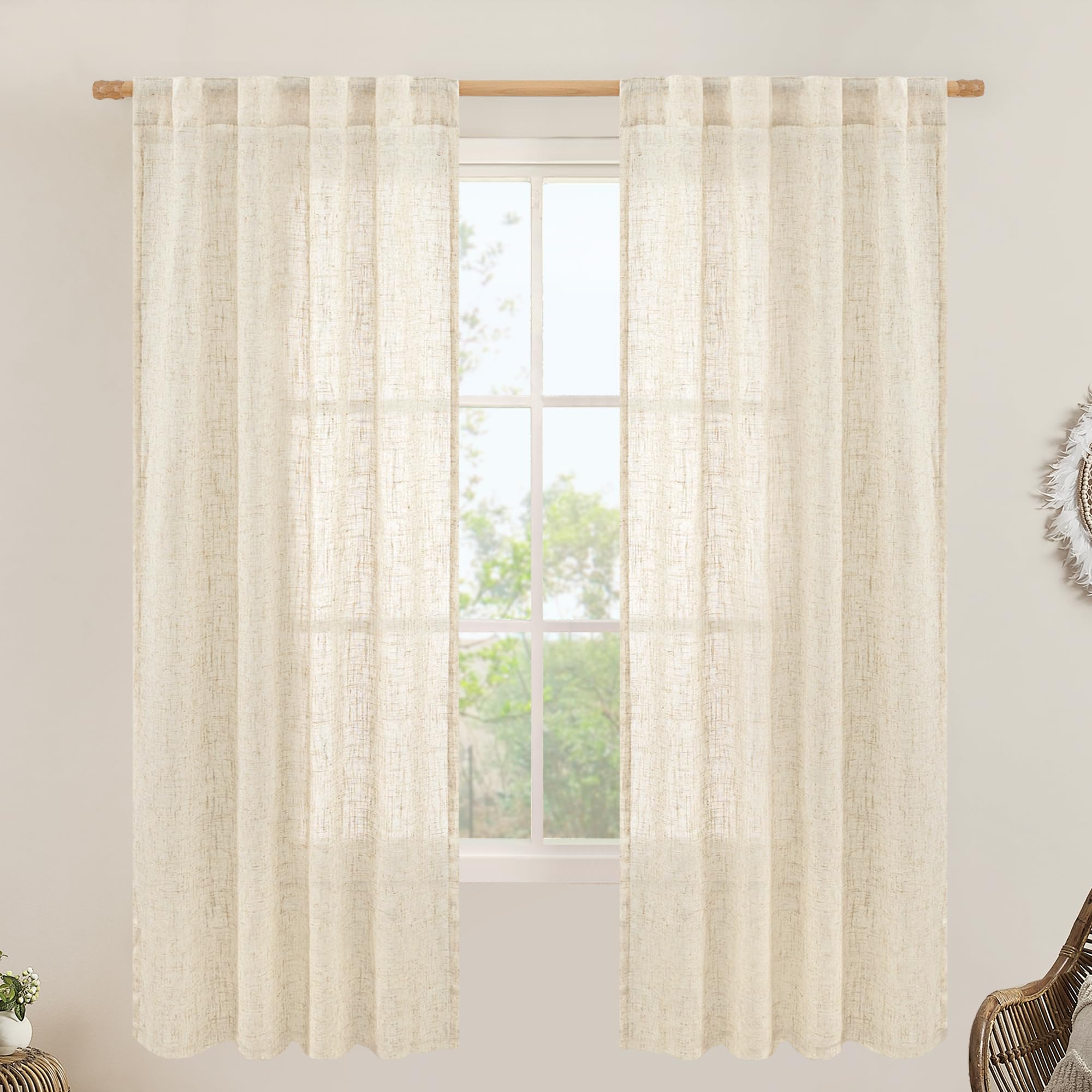 LAMIT Semi Sheer Beige Linen Curtains 72 inch Length, Light Filtering Panels Back Tab and Rod Pocket Neutral Drapes for Bedroom/Living Room, Beige, 2