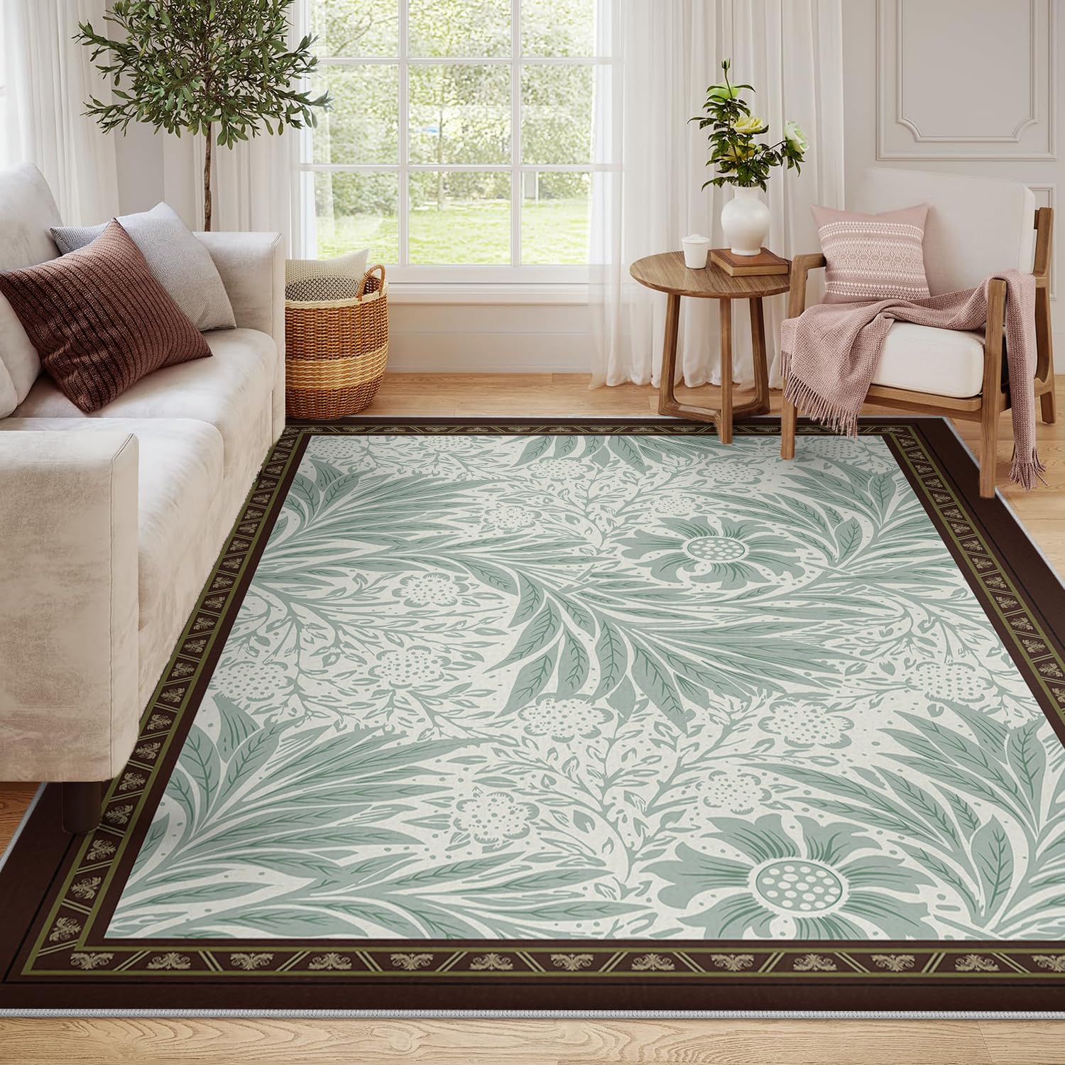 Antypoślizgowe dywaniki o wymiarach 200 x 300 cm, jasnozielone wzory roślin i kwiatów, cienki dywan do biura, korytarza, klasyczny brązowy brzeg, dekoracja, łatwe czyszczenie