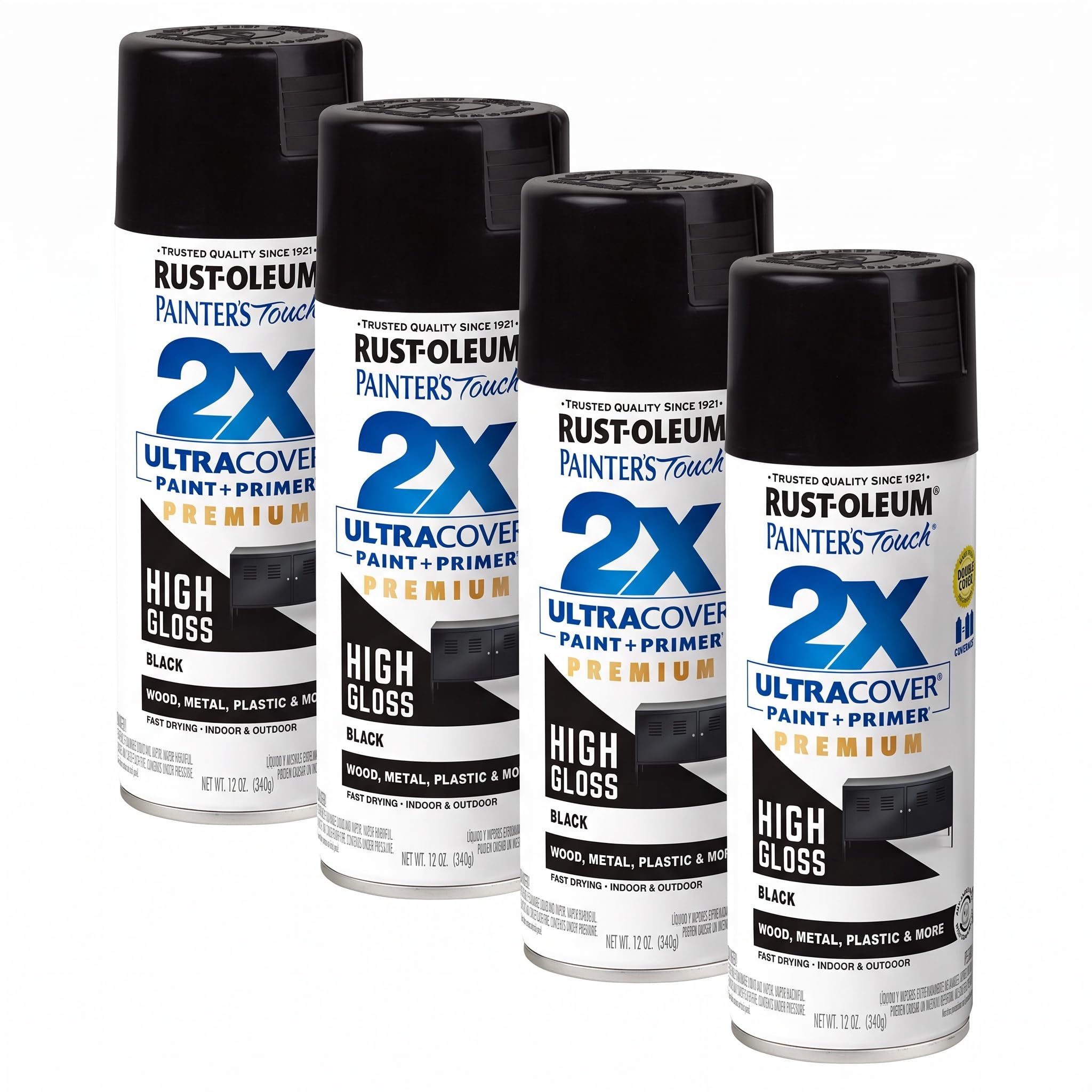 Rust-Oleum 331172 Painter's Touch 2X Ultra Cover Spray Paint, 12 oz, High Gloss Black (Pack of 4)