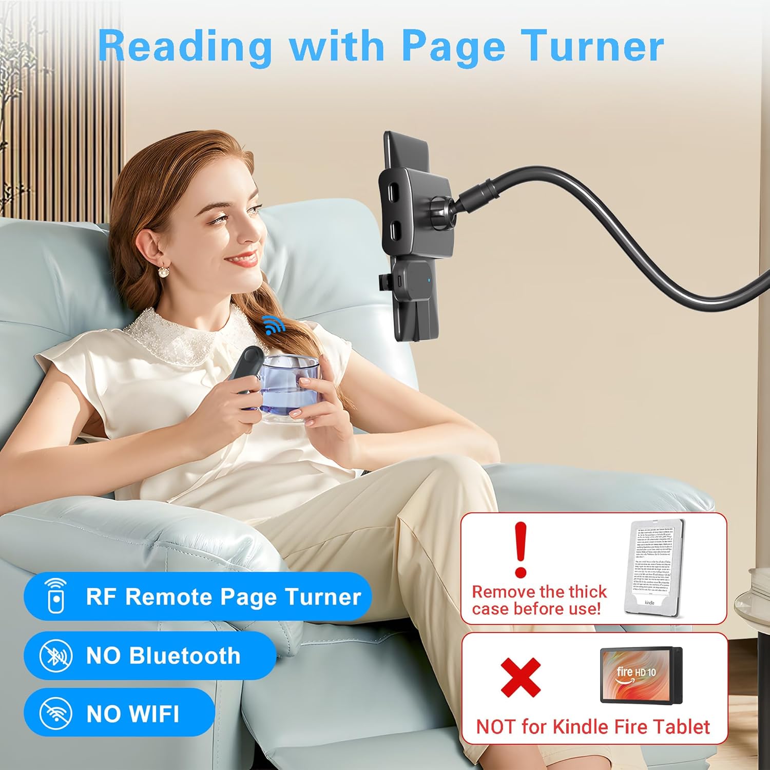 Gooseneck Tablet Holder for Kindle Reading in Bed with Page Turner Remote, Hands Free Desk Bedside Lazy Arm Stand for Kindle Accessories, Gifts for Readers