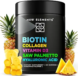 New Elements Biotin Gummies with Collagen Vitamin D3 Saw Palmetto & Hyaluronic Acid for Hair Skin and Nails, Hair Growth Supplement for Men & Women | Non-GMO | Gluten-Free | Natural Pineapple Flavor