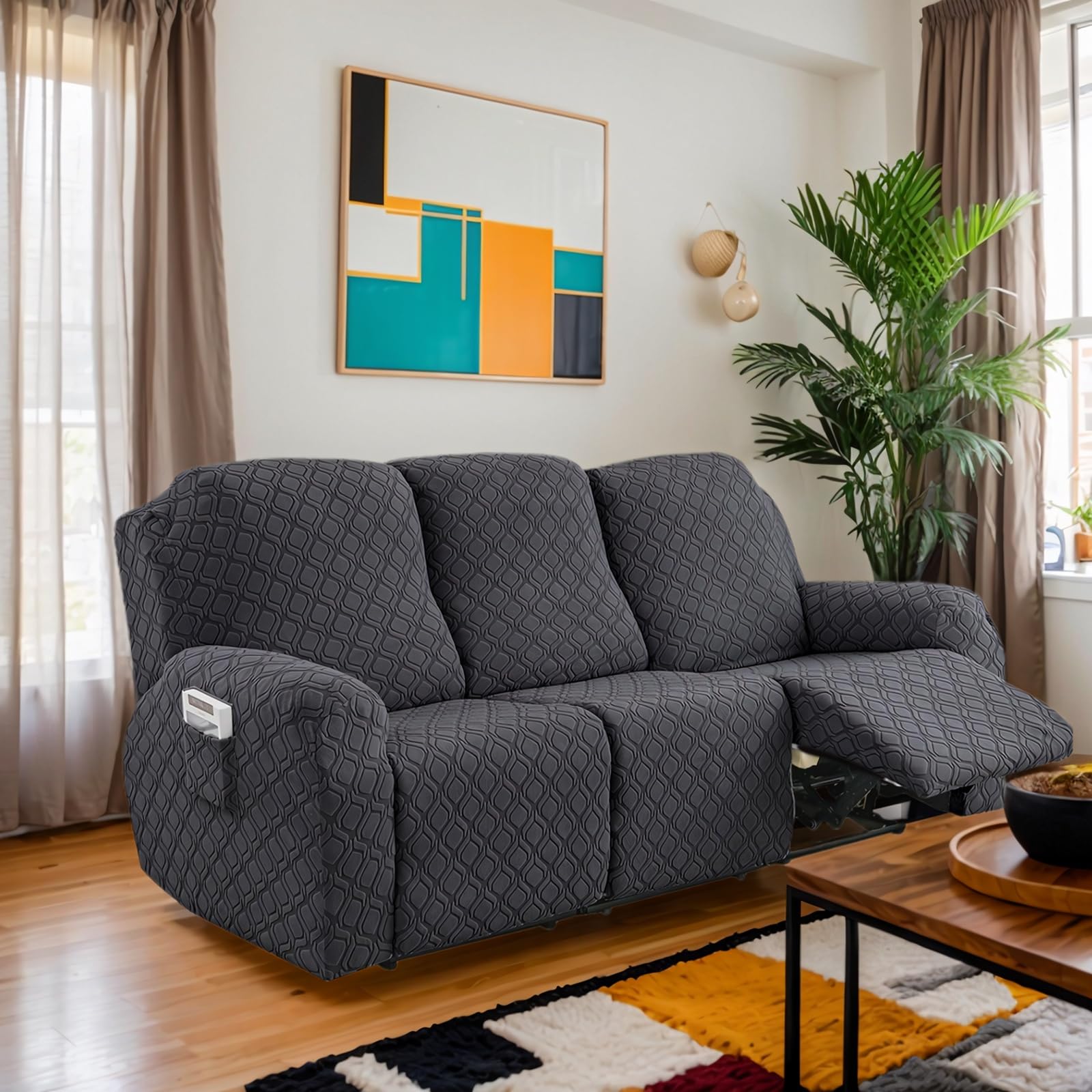 OKYUK Fodera per Poltrona Relax 3 Posti, Alta Elasticità e Antimacchia, Protezione da Animali e Bambini, Copertura Antiscivolo con Tasche, Estraibile e Lavabile (grigio scuro, 3 posti)