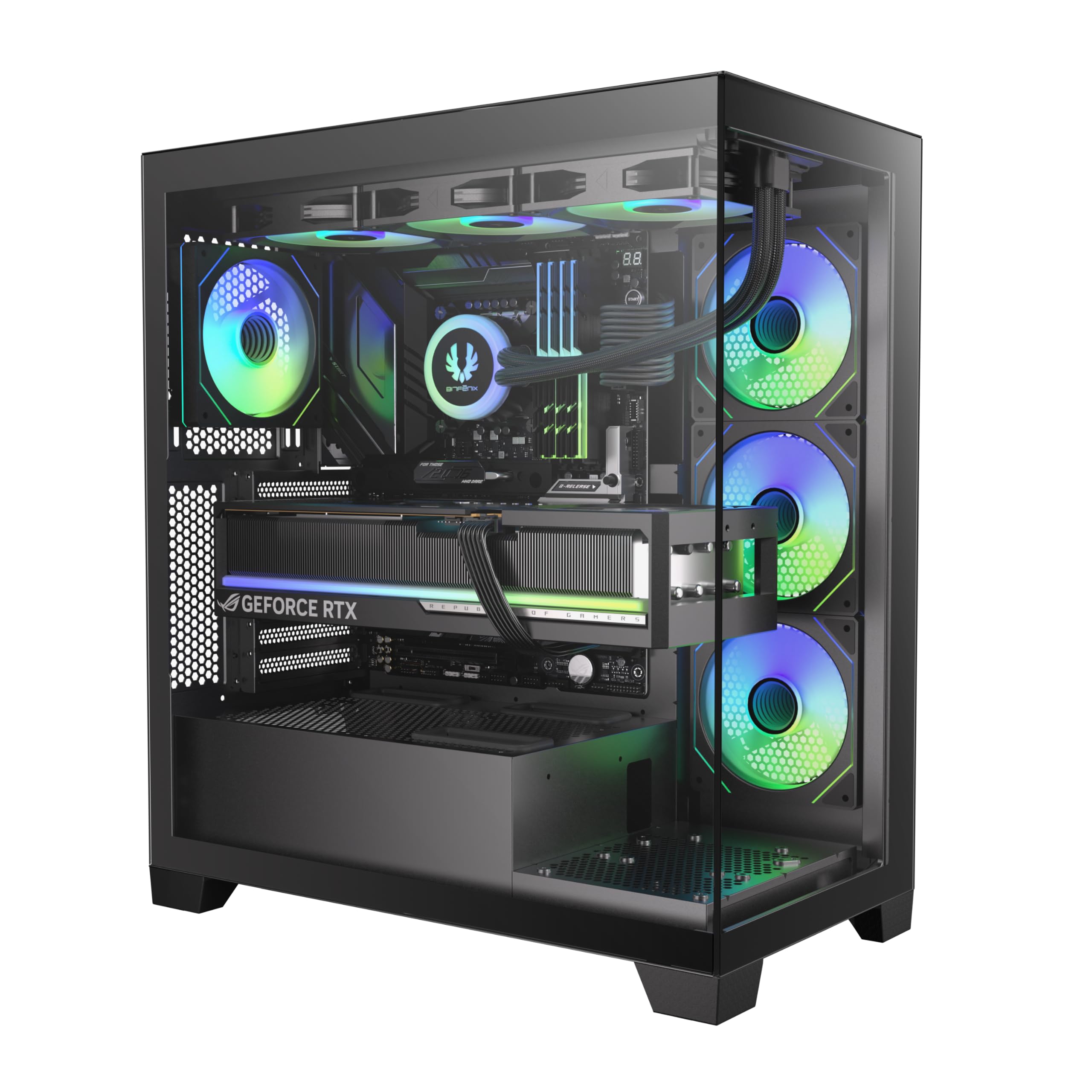 CETO High Airflow PC Gaming Case Black-Panoramic Tempered Glass–Reverse Connection Motherboard Compatible–4xInfinity Mirroring ARGB Fans(3X Reverse)-360mm AIO/GPU 410mm Support