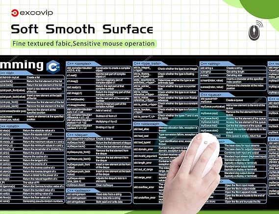excovip Mouse Pad for C++ 31.4x11.7x0.07 inch Extended Large Cheat Sheet Mousepad PC Office Spreadsheet Keyboard Shortcut Mouse Mat with Non-Slip Stitched Edge 0324