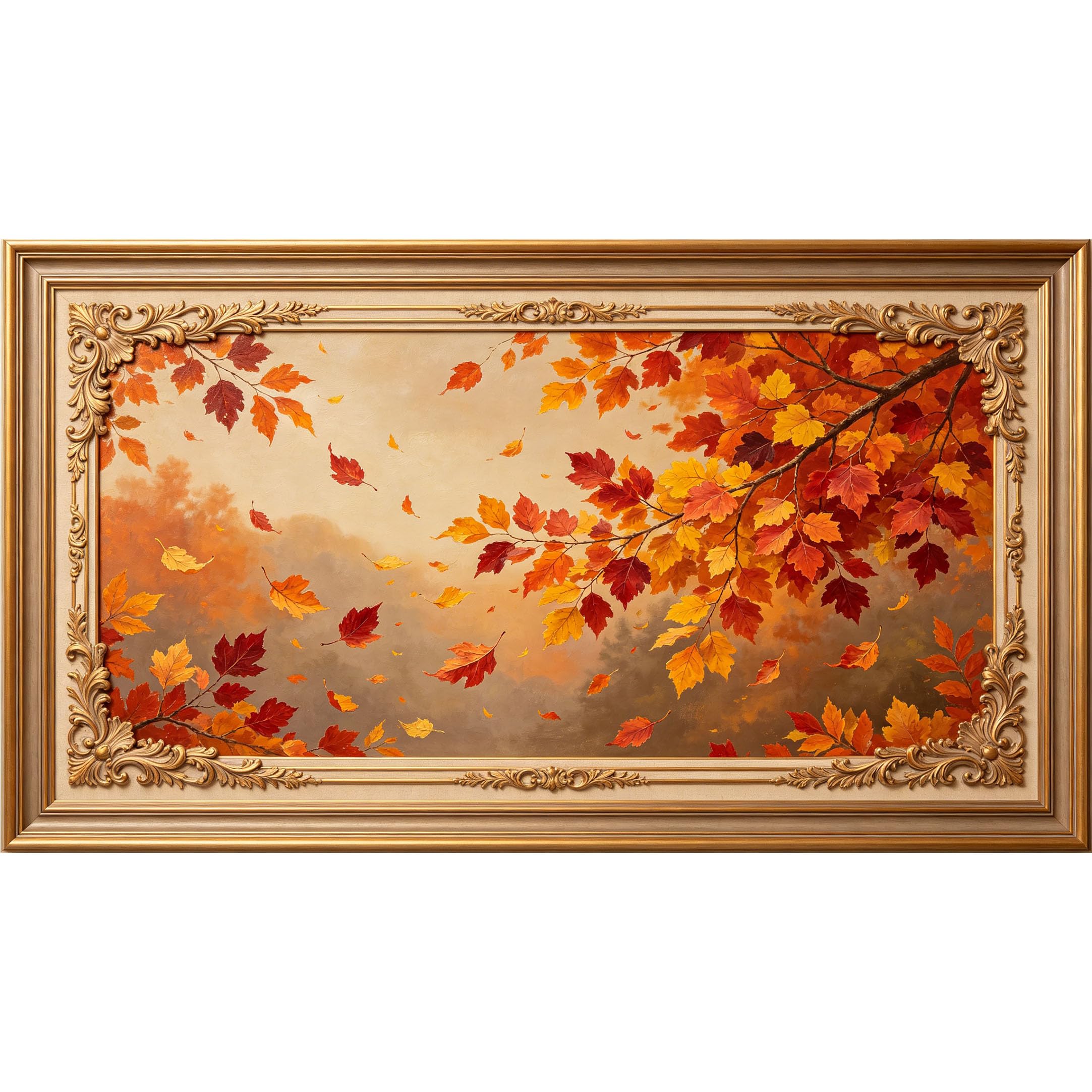 QZLITHOTIC 50x90cm3D Framed Wall Art， Autumn Maple Leaves Landscape Self‑Adhesive Mural， Water‑Activated Peel & Stick Fabric Decor Wall Decal for Bedroom Living Room
