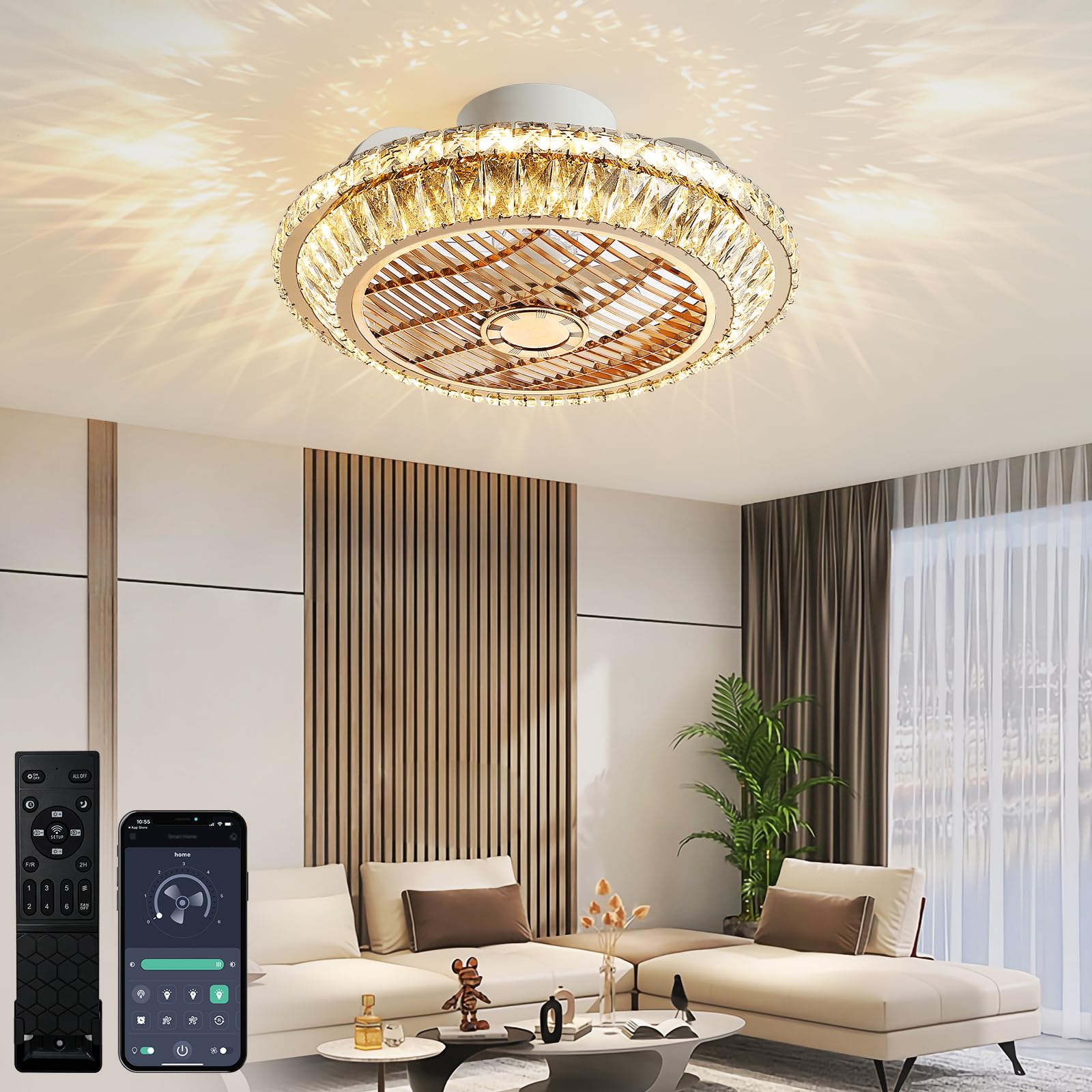 LED Deckenventilator mit Beleuchtung, Leise Kristall Ventilator Kronleuchte mit Fernbedienung Dimmbar Timing Fan Deckenleuchte,72W Moderne Fan Deckenlampe mit Flügelrad, 360°-Umluftleitrad