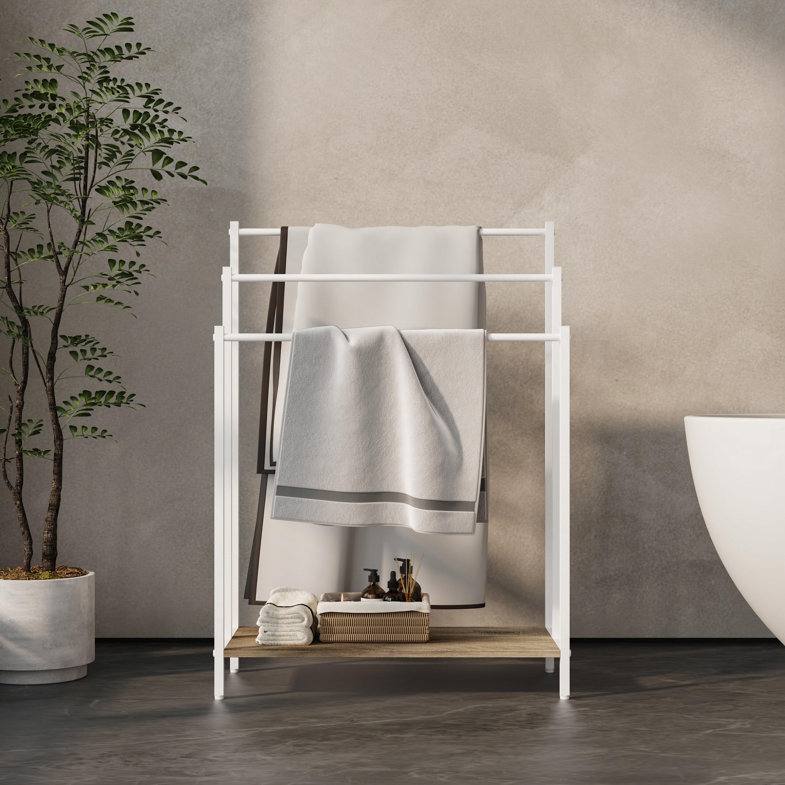Relaxdays Porta Asciugamani con ripiano, Effetto Legno, 3 Barre, HxLxP: 81x60x28 cm, Naturale/Bianco