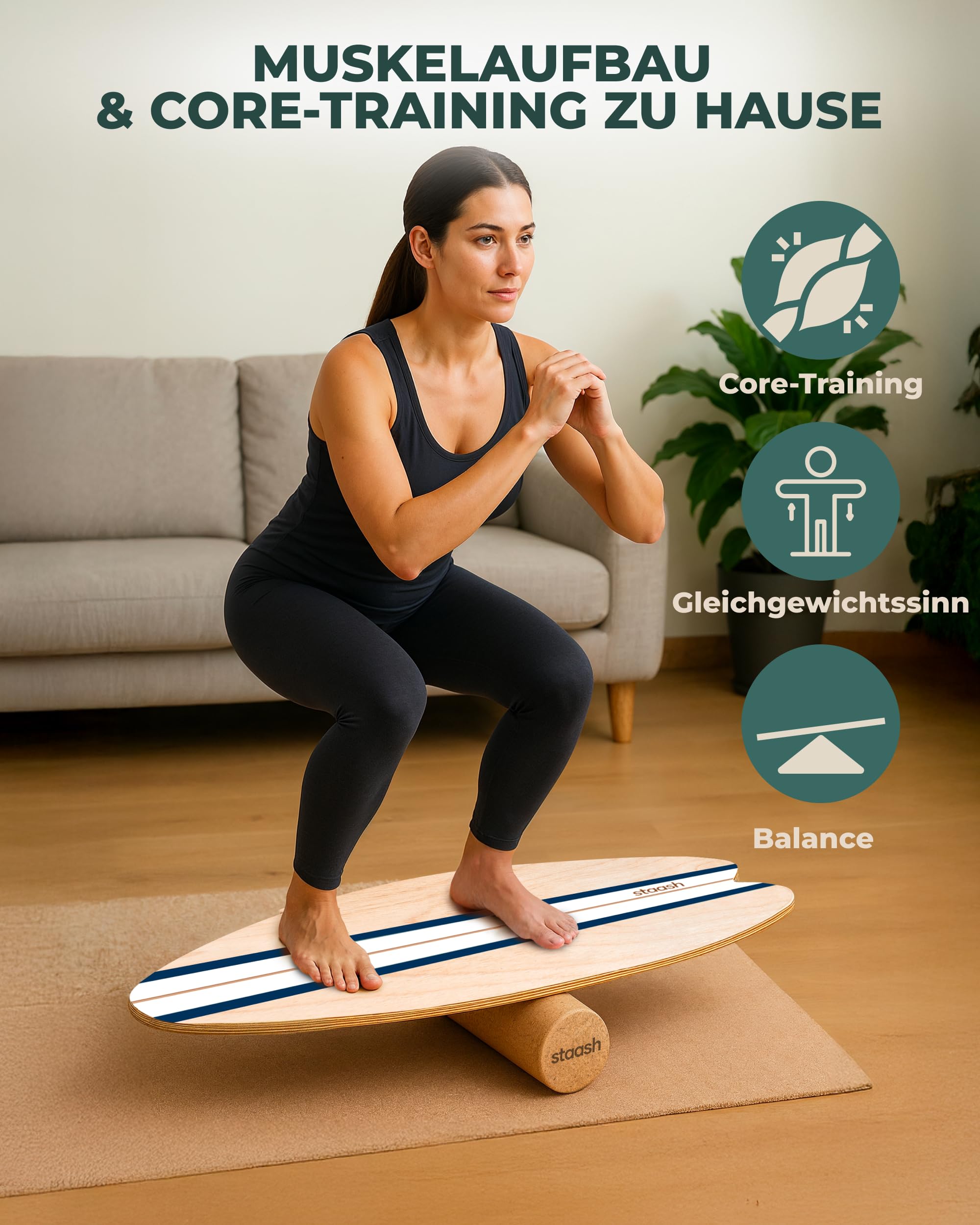 STAASH® Balance Board Holz – Pro Gleichgewichtstrainer inkl. Schutzmatte, Rolle, Halbkugel & Korkball + Videokurs – Indoor-Surfen & Stabilitätstraining
