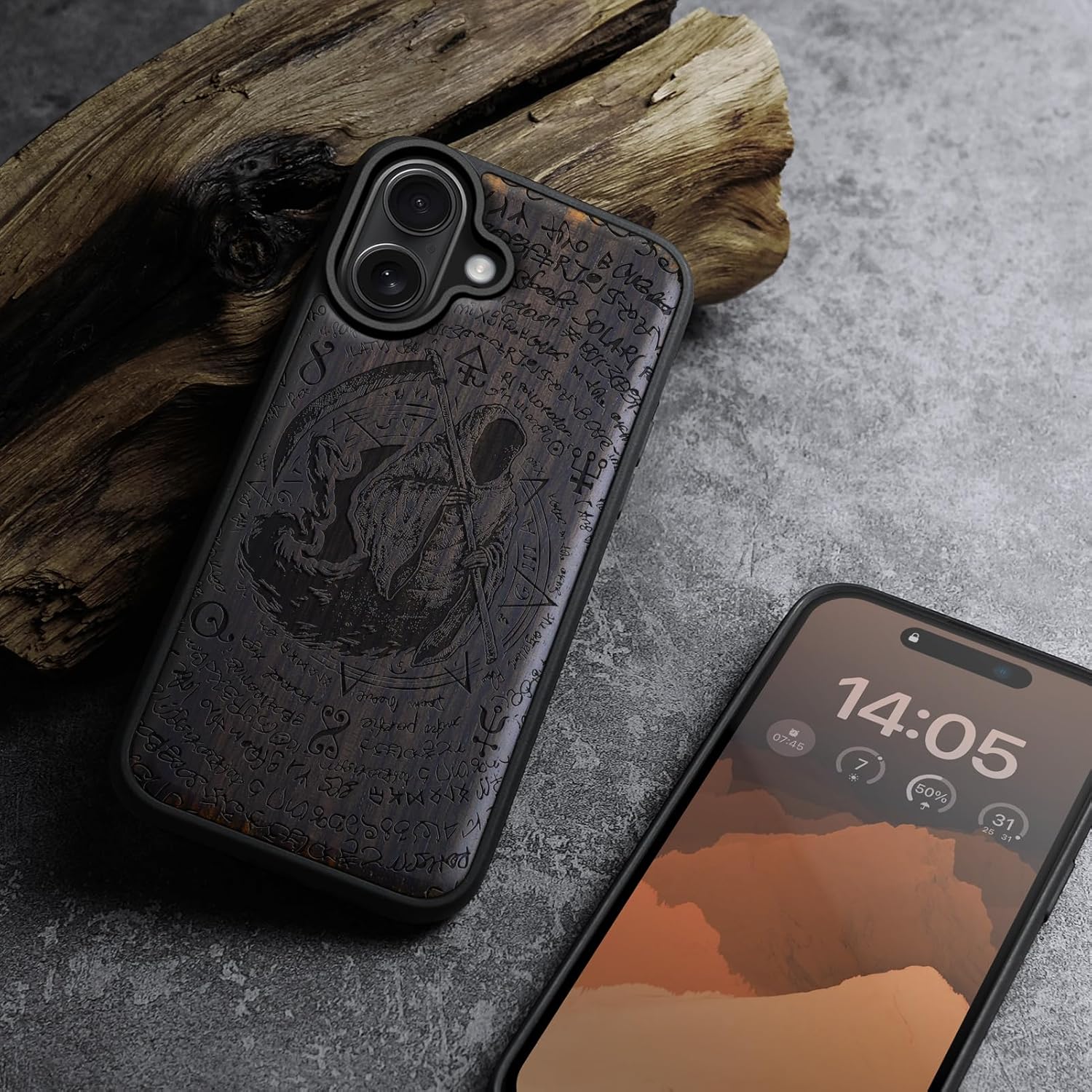 Carveit Magnetic Wooden Case for iPhone 16 Case, Wood Artisan Engraved & Black Soft TPU Shockproof Cover, Compatible with MagSafe Wireless Chargers (The Grim Reaper of Carved) Blackwood