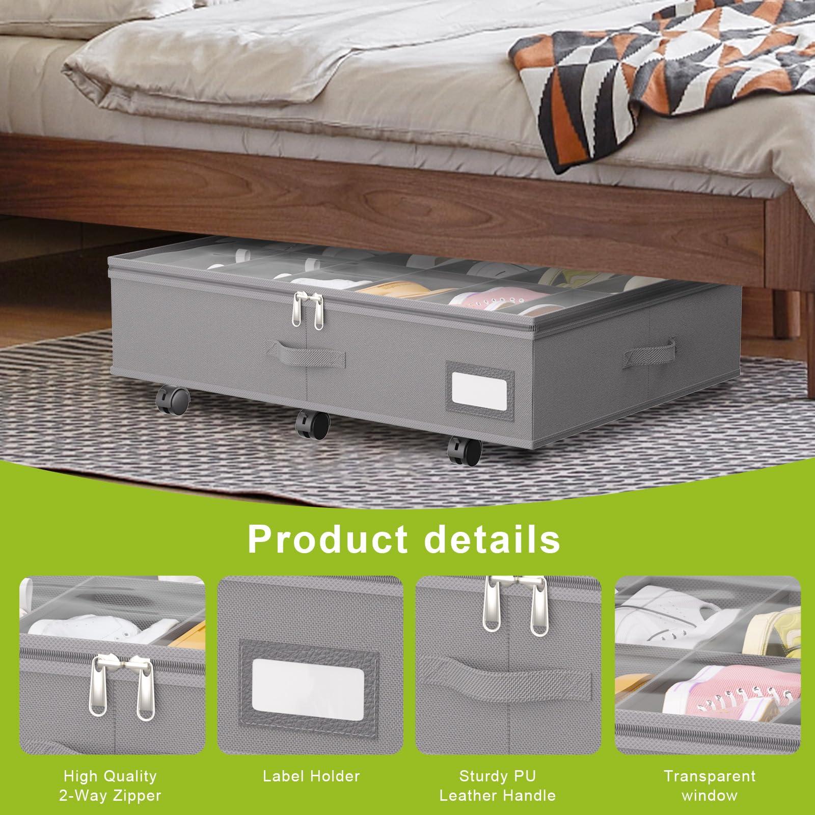 Unterbett-Schuh-Organizer mit Rollen für den Schrank, passend für 24 Paar, stabile Unterbett-Schuh-Aufbewahrungsbox, 2er-Set (grau)