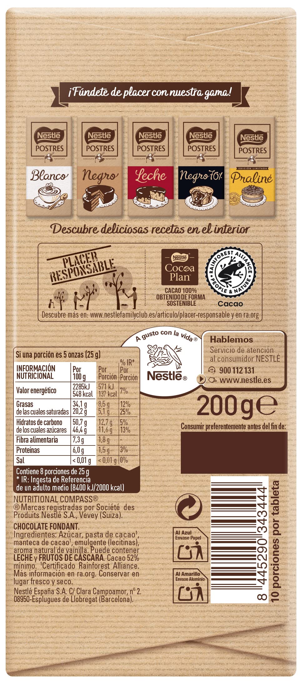 Nestlé Postres chocolate negro para fundir 20x200g