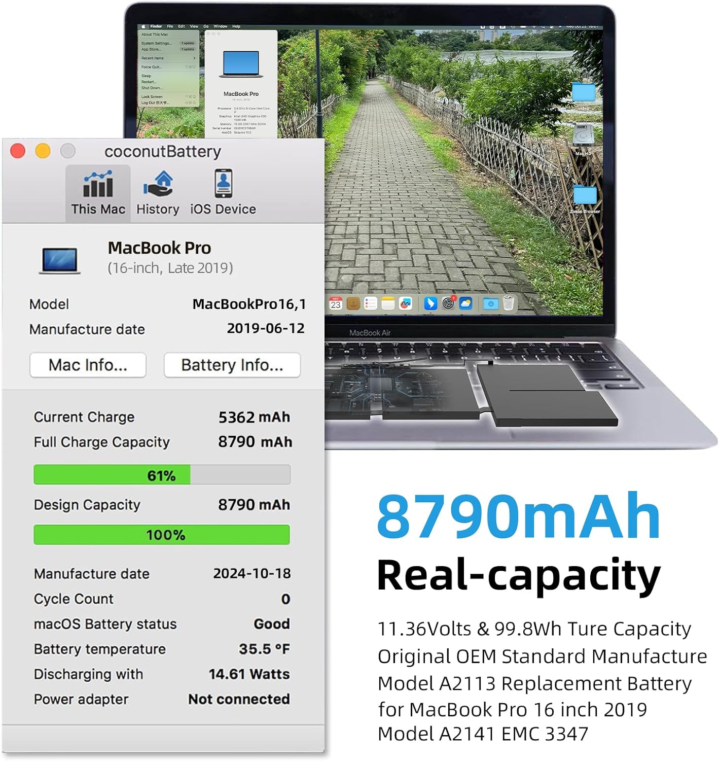 A2141 Battery Replacement, A2113 Battery for MacBook Pro 16 inch 2019 Released Model A2141 EMC 3347 Model Identifier MacBookPro16,1 & MacBookPro16,4 Capacity 11.36V 99.8Wh 8790mAh