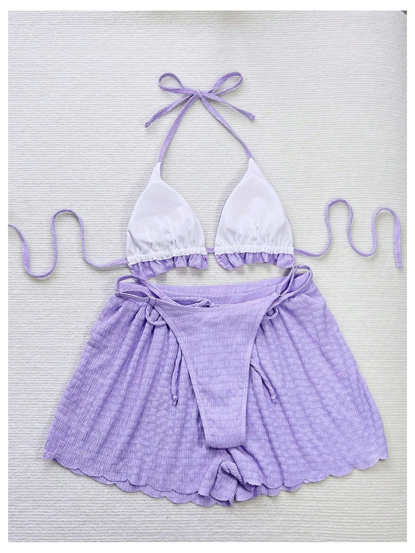 Costume da Bagno Bikini Strutturato a 3 Pezzi Donna con Perizoma a Triangolo Volant e Pantaloncini Copricostume