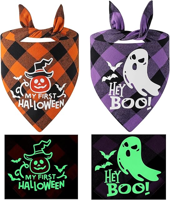 Halloween Dog Bandanas, LMSHOWOWO 2 Pack Cotton Reversible Luminous Pumpkin Bat Print Halloween Pet Bandana, Triangle Plaid Halloween Dog Scarf Bibs Holiday Bandana for Small Medium Large Dogs Pets