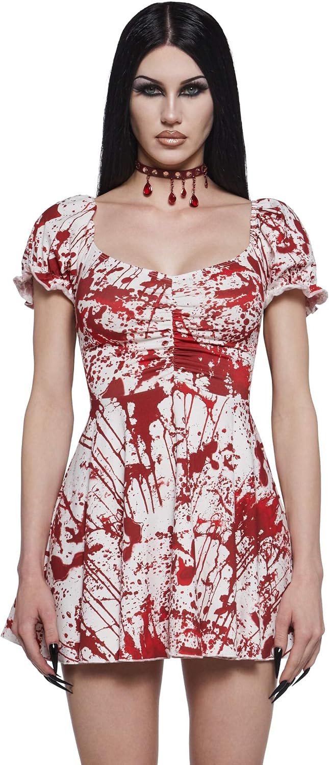 Dolls Kill Bloody Dress by Trickz N’ Treatz – Women’s Scream Queen Mini Dress with Blood Splatter Print & Ruching
