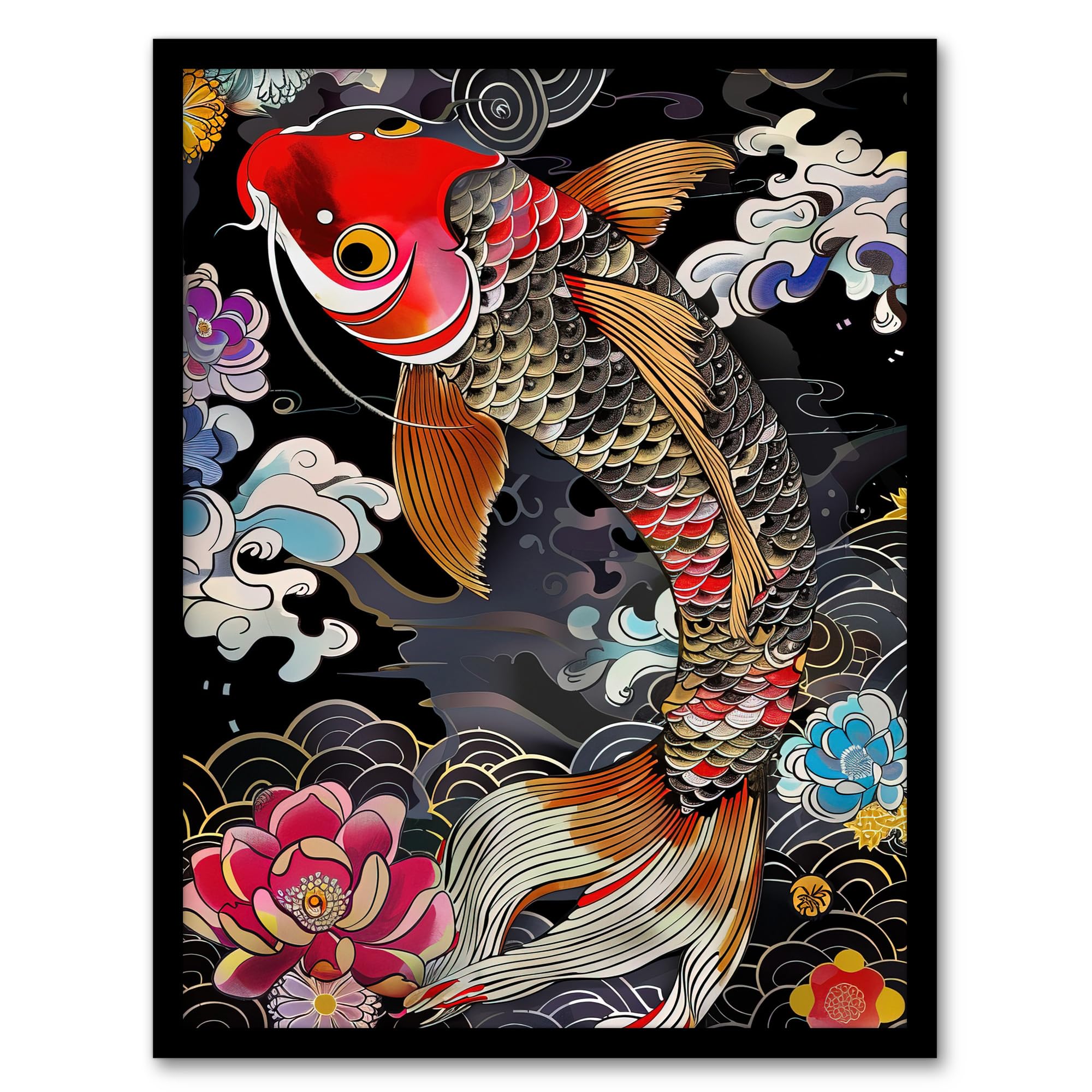 Framed Art Print - Colourful Koi Carp Tattoo Artwork - Lotus Flowers - A4 Size