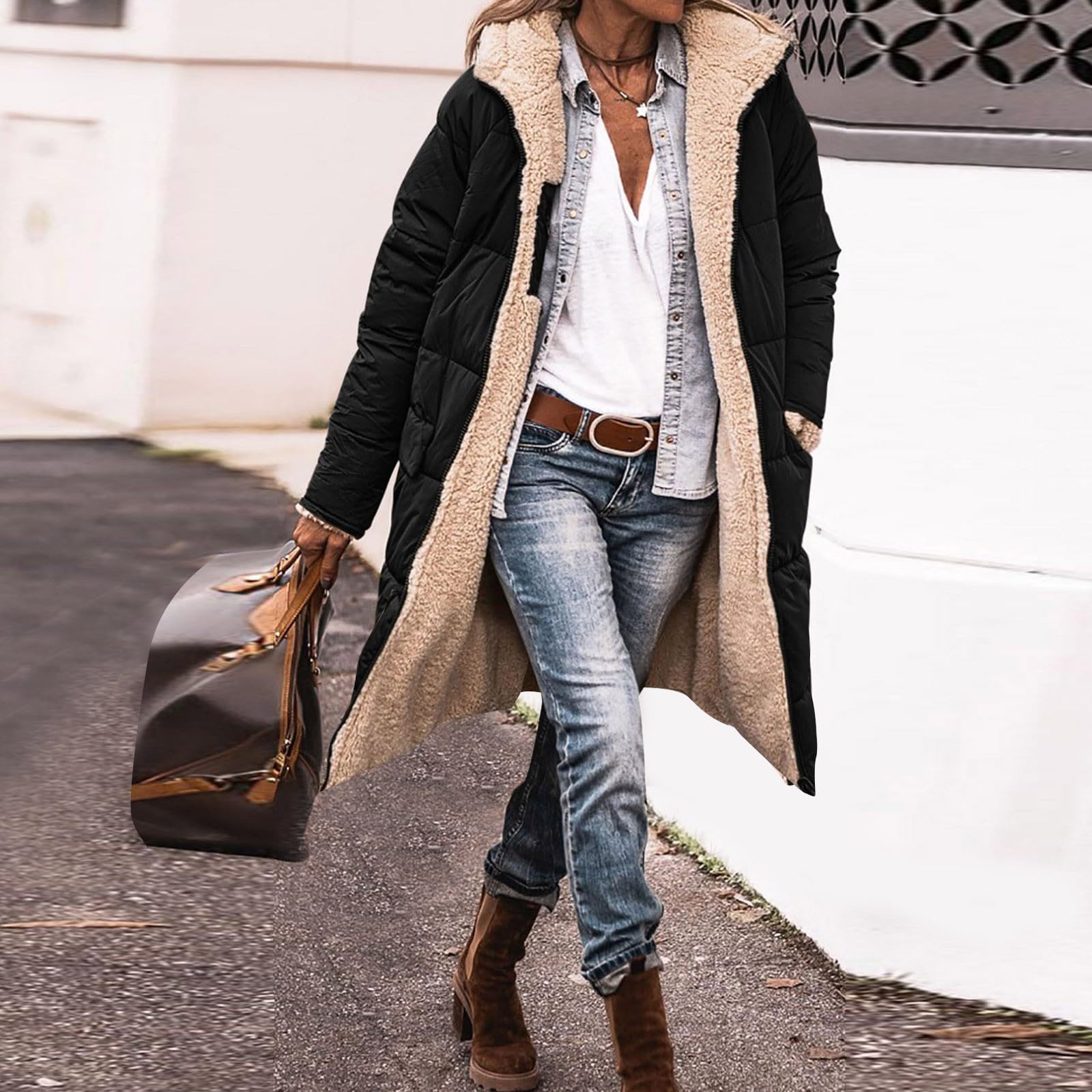 Générique Femme Parka réversible Hiver à Capuche Long Polaire Manches Longues Manteau de Laine Casual Parka Epaisse Chaude Slim Fit Veste en Coton Couleur Unie Doudoune Chaude