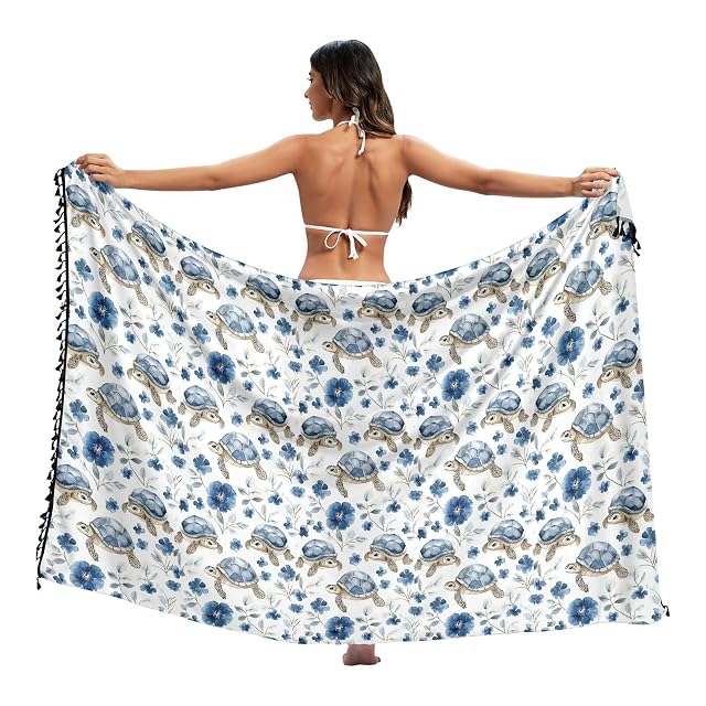 Blue Flower Turtle Swimwear Cover Ups Beach Vacation Casual Cover Up Bathing Suit Swimming Suit 45x70in