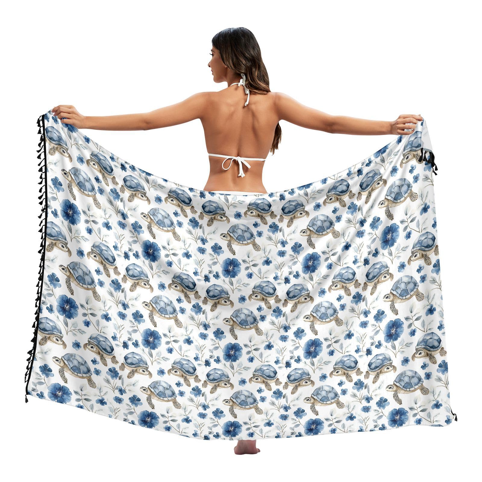 Blue Flower Turtle Swimwear Cover Ups Beach Vacation Casual Cover Up Bathing Suit Swimming Suit 45x70in